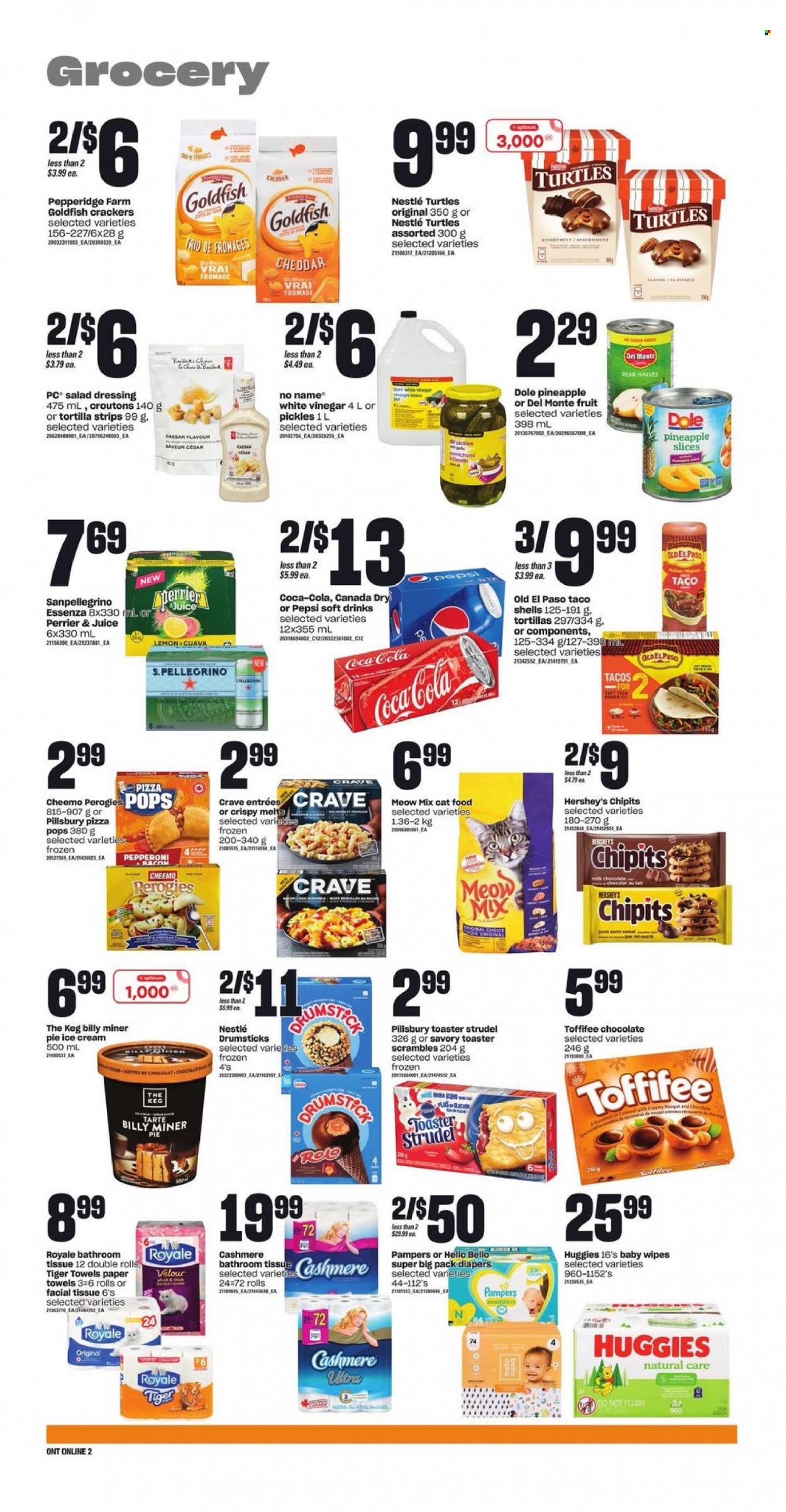 thumbnail - Independent Flyer - November 24, 2022 - November 30, 2022 - Sales products - tortillas, pie, strudel, Old El Paso, tacos, Dole, pears, No Name, pizza, Pillsbury, pepperoni, ice cream, Hershey's, milk chocolate, crackers, chocolate bar, Goldfish, croutons, pickles, Del Monte, caramel, salad dressing, dressing, salsa, vinegar, Canada Dry, Coca-Cola, Pepsi, juice, soft drink, Perrier, San Pellegrino, wine, rosé wine, wipes, baby wipes, nappies, bath tissue, kitchen towels, paper towels, animal food, turtles, cat food, Optimum, Meow Mix, Nestlé, Huggies, Pampers, nougat. Page 6.