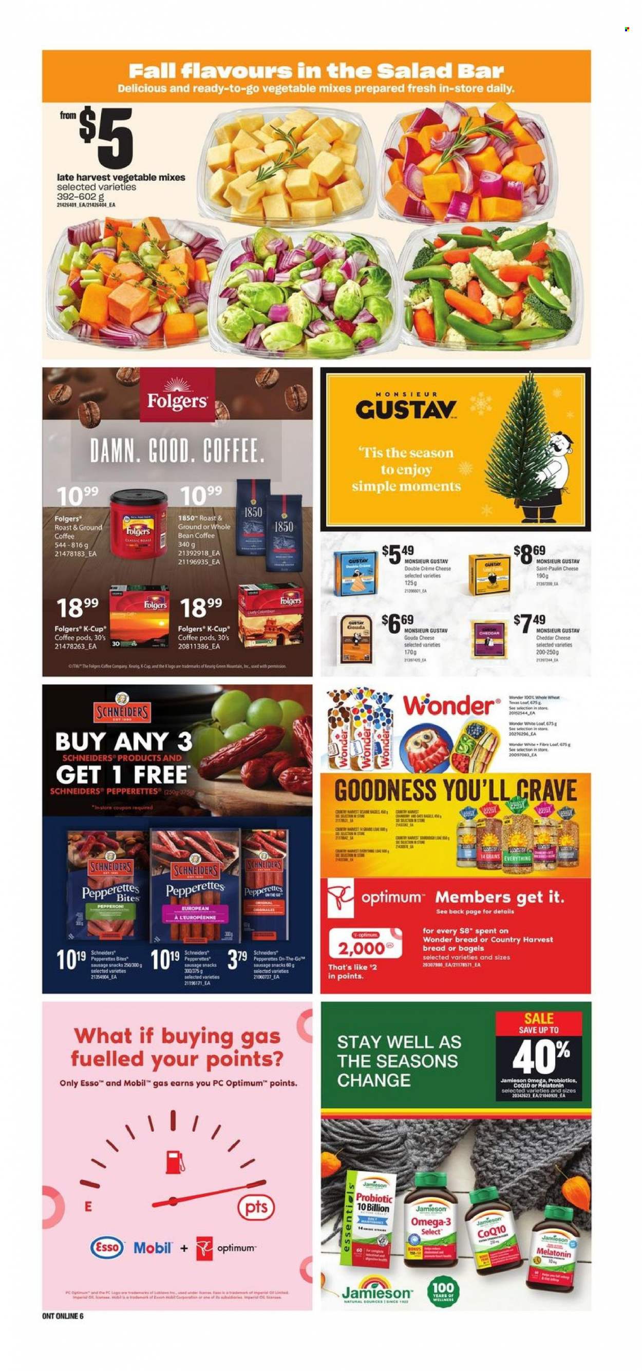 thumbnail - Independent Flyer - November 24, 2022 - November 30, 2022 - Sales products - bagels, bread, salad, sausage, pepperoni, gouda, cheddar, cheese, Country Harvest, snack, fruit jam, coffee pods, Folgers, ground coffee, coffee capsules, K-Cups, Keurig, Green Mountain, Optimum, Moments, Mobil, Melatonin, probiotics, Omega-3. Page 11.