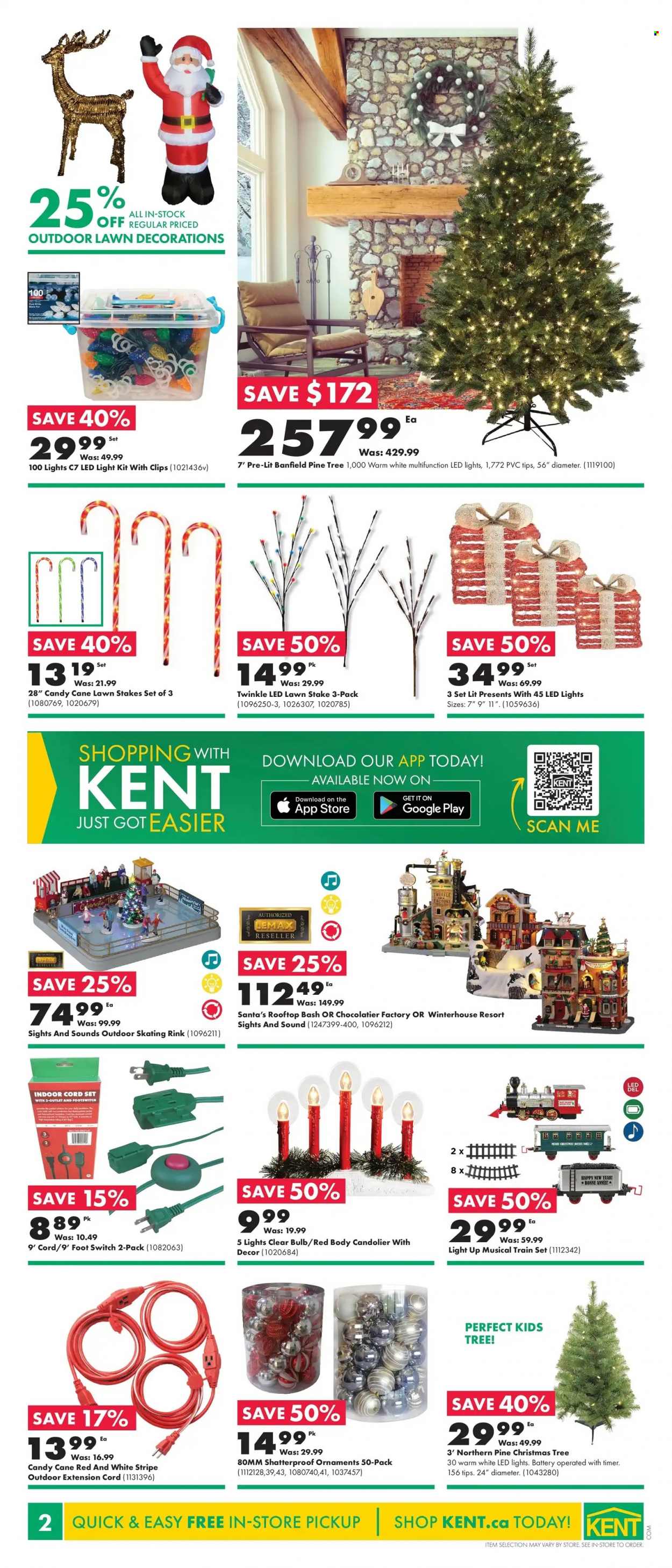 thumbnail - Kent Flyer - November 24, 2022 - November 30, 2022 - Sales products - candy cane, truffles, Santa, switch, bulb, christmas tree, Lemax, train, LED light, cord set, extension cord, pine tree. Page 2.