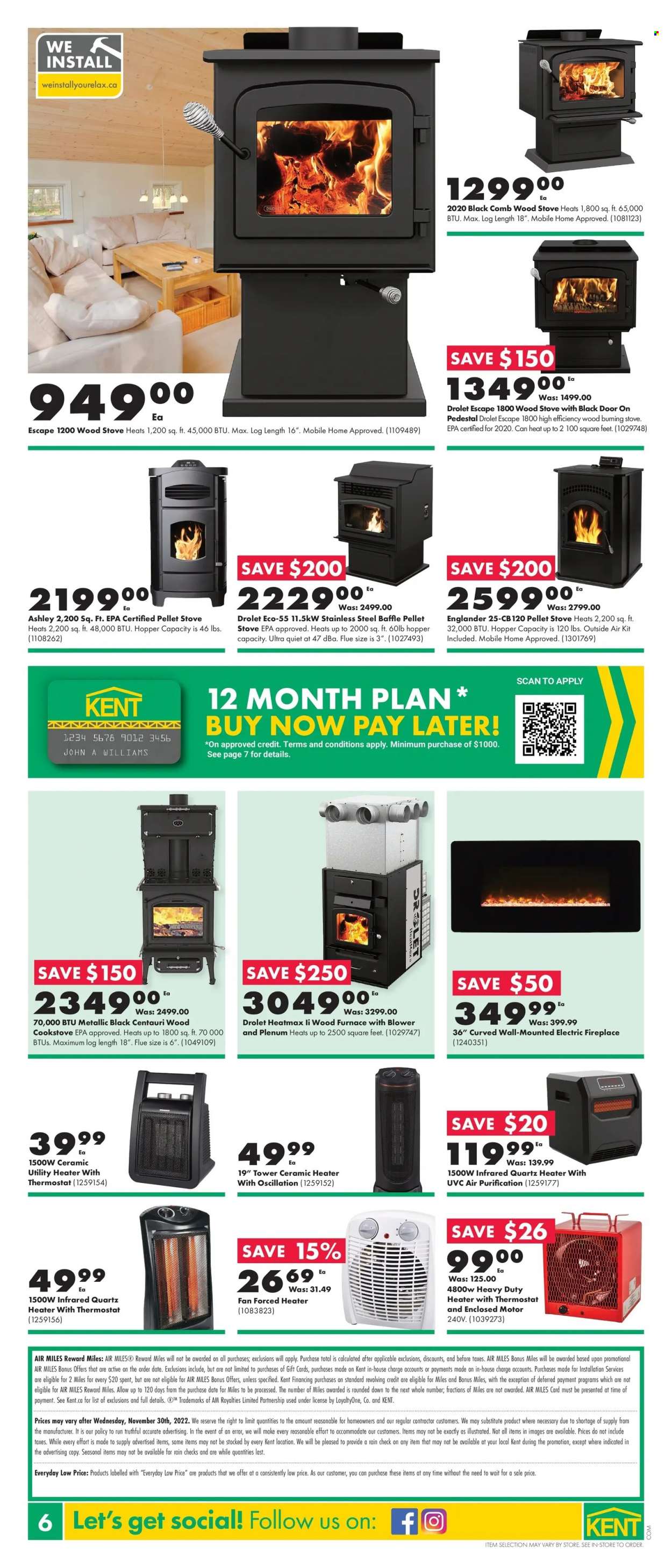 thumbnail - Kent Flyer - November 24, 2022 - November 30, 2022 - Sales products - heater, fireplace, electric fireplace, furnace, door, blower, pellet gun. Page 6.
