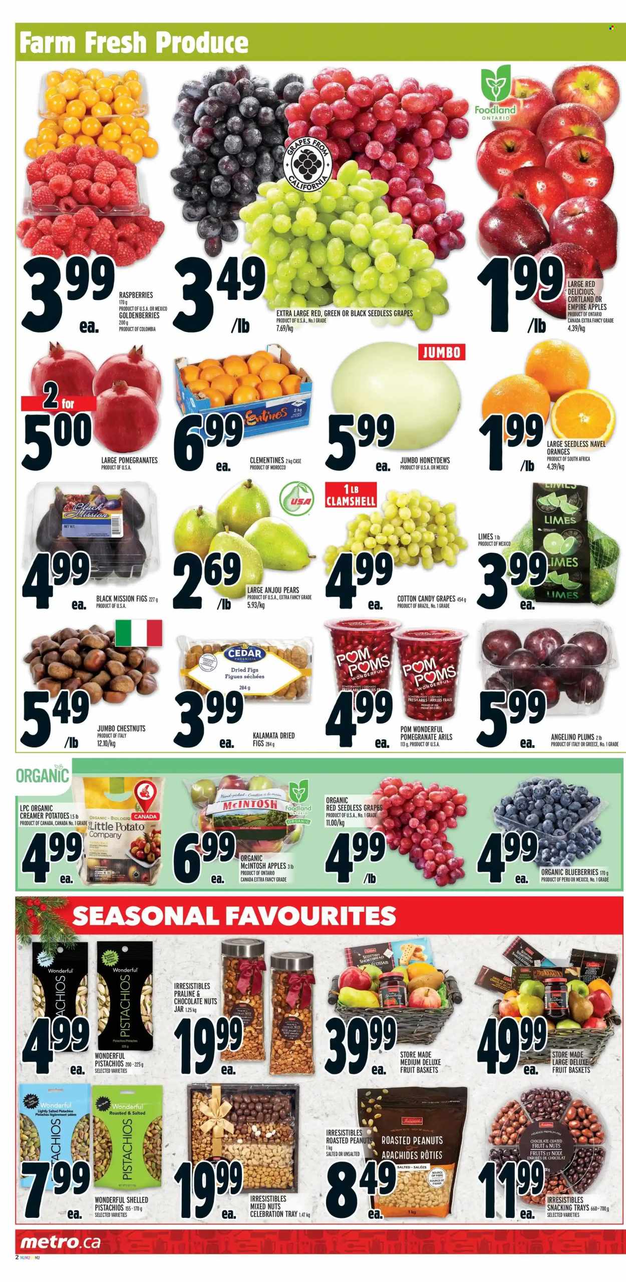 thumbnail - Metro Flyer - November 24, 2022 - November 30, 2022 - Sales products - potatoes, apples, blueberries, clementines, figs, grapes, limes, Red Delicious apples, seedless grapes, plums, pears, oranges, pomegranate, navel oranges, chocolate, Celebration, cotton candy, roasted peanuts, chestnuts, peanuts, dried fruit, pistachios, dried figs, mixed nuts, basket, tray, jar, raisins. Page 2.