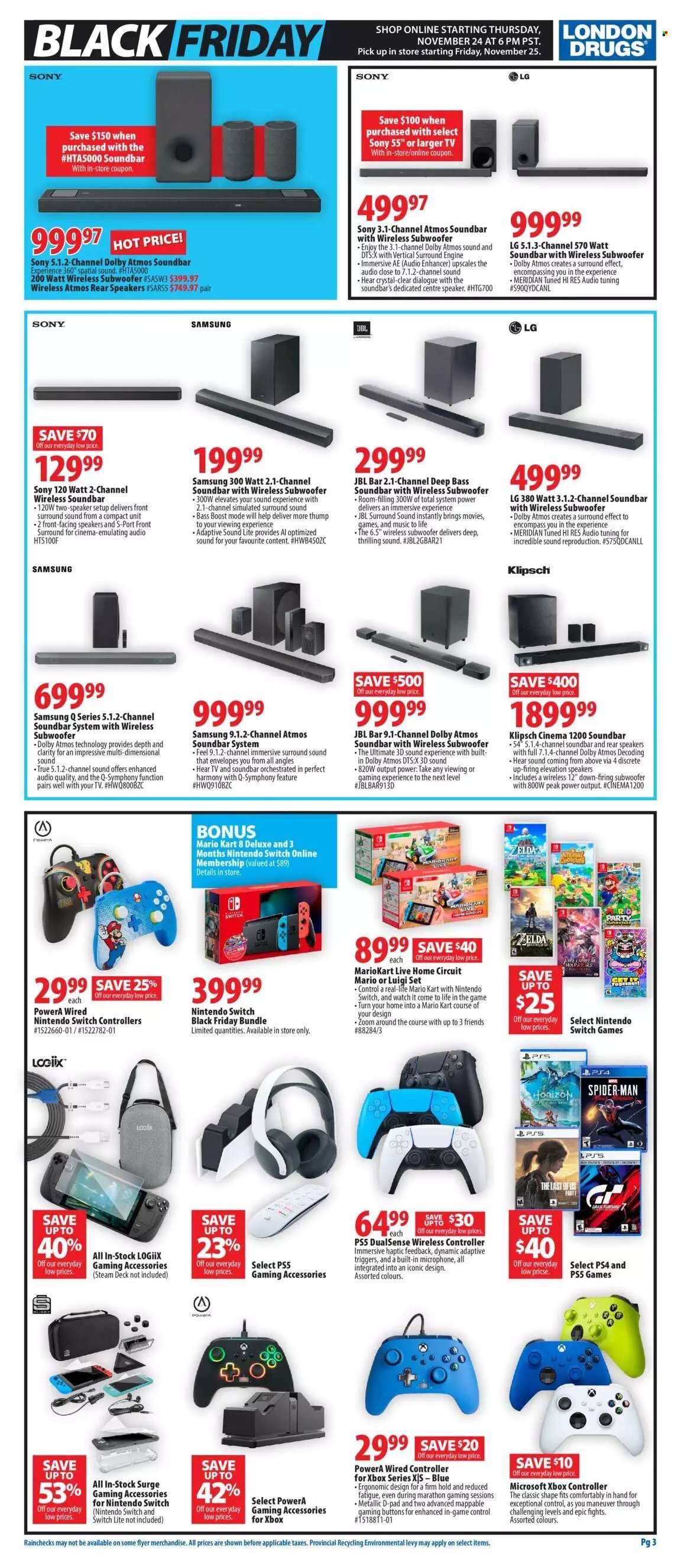 thumbnail - London Drugs Flyer - November 24, 2022 - November 30, 2022 - Sales products - Sony, wireless controller, Nintendo Switch, Boost, envelope, Samsung, PlayStation, PlayStation 4, PlayStation 5, Nintendo Switch game, TV, speaker, subwoofer, wireless subwoofer, sound bar, soundbar system, LG, JBL, Xbox. Page 3.