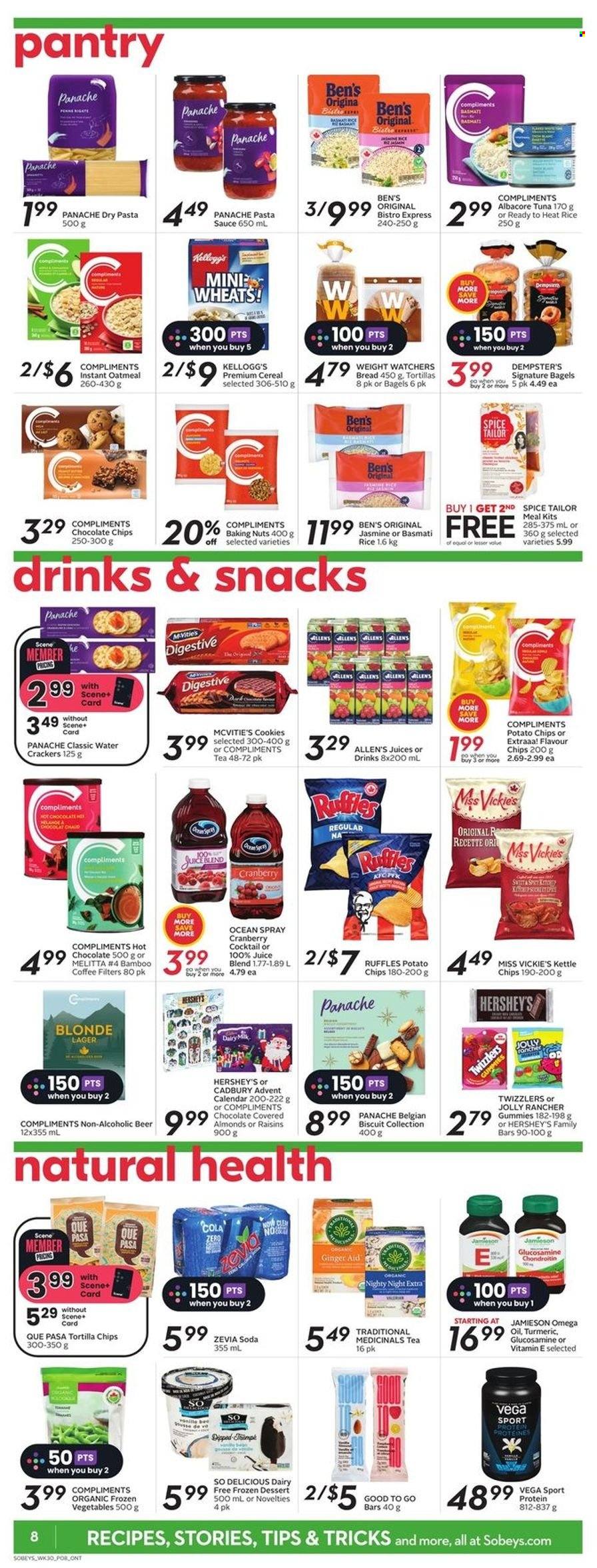 thumbnail - Sobeys Flyer - November 24, 2022 - November 30, 2022 - Sales products - bagels, bread, ginger, tuna, pasta sauce, sauce, advent calendar, Hershey's, frozen vegetables, cookies, crackers, Kellogg's, biscuit, Cadbury, tortilla chips, potato chips, Ruffles, oatmeal, cereals, basmati rice, rice, turmeric, spice, oil, almonds, juice, Coca-Cola zero, soda, hot chocolate, tea, beer, Lager, glucosamine. Page 10.