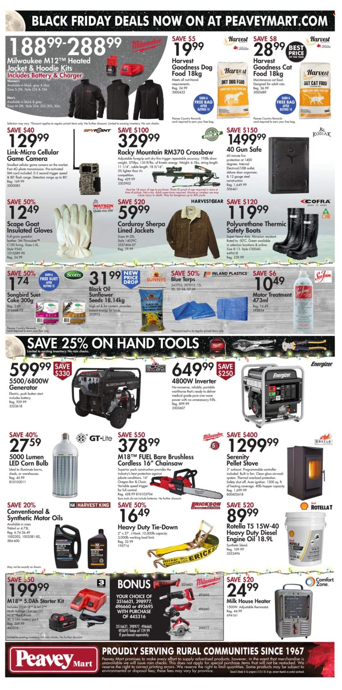 thumbnail - Peavey Mart Flyer - November 24, 2022 - December 01, 2022 - Sales products - bulb, animal food, hoodie, dry dog food, cat food, dog food, suet, sunflower seeds, dry cat food, jacket, sherpa, boots, toys, heater, Milwaukee, chain saw, hand tools, gun safe, generator, plant seeds, motor oil, Rotella, Shell, tarps, pellet gun, Energizer. Page 10.