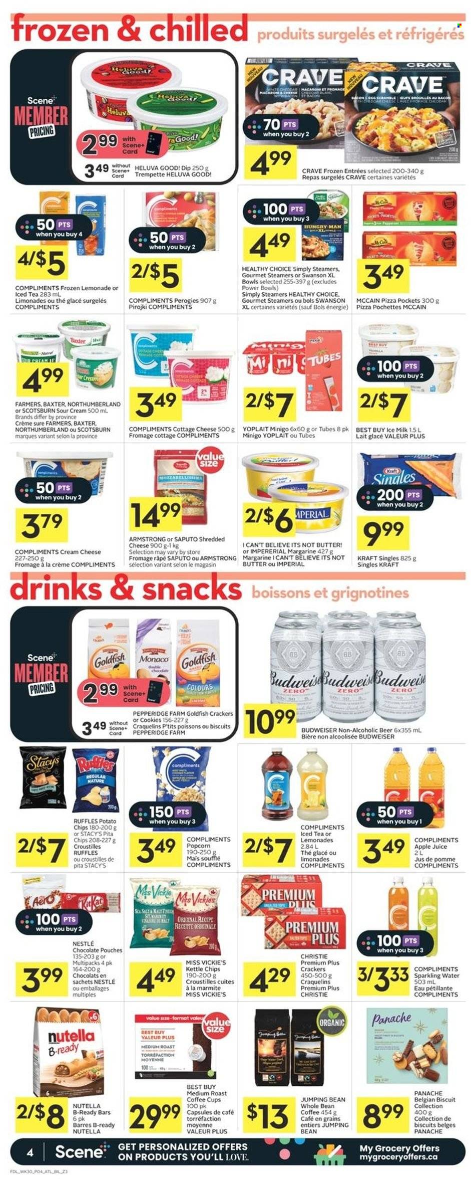 thumbnail - Co-op Flyer - November 24, 2022 - November 30, 2022 - Sales products - pizza, Healthy Choice, Kraft®, bacon, cottage cheese, cream cheese, sandwich slices, shredded cheese, Kraft Singles, Yoplait, milk, margarine, sour cream, McCain, cookies, chocolate, crackers, biscuit, potato chips, popcorn, Goldfish, Ruffles, pita chips, malt, apple juice, juice, ice tea, sparkling water, beer, Sure, Budweiser, Nestlé, Nutella. Page 4.