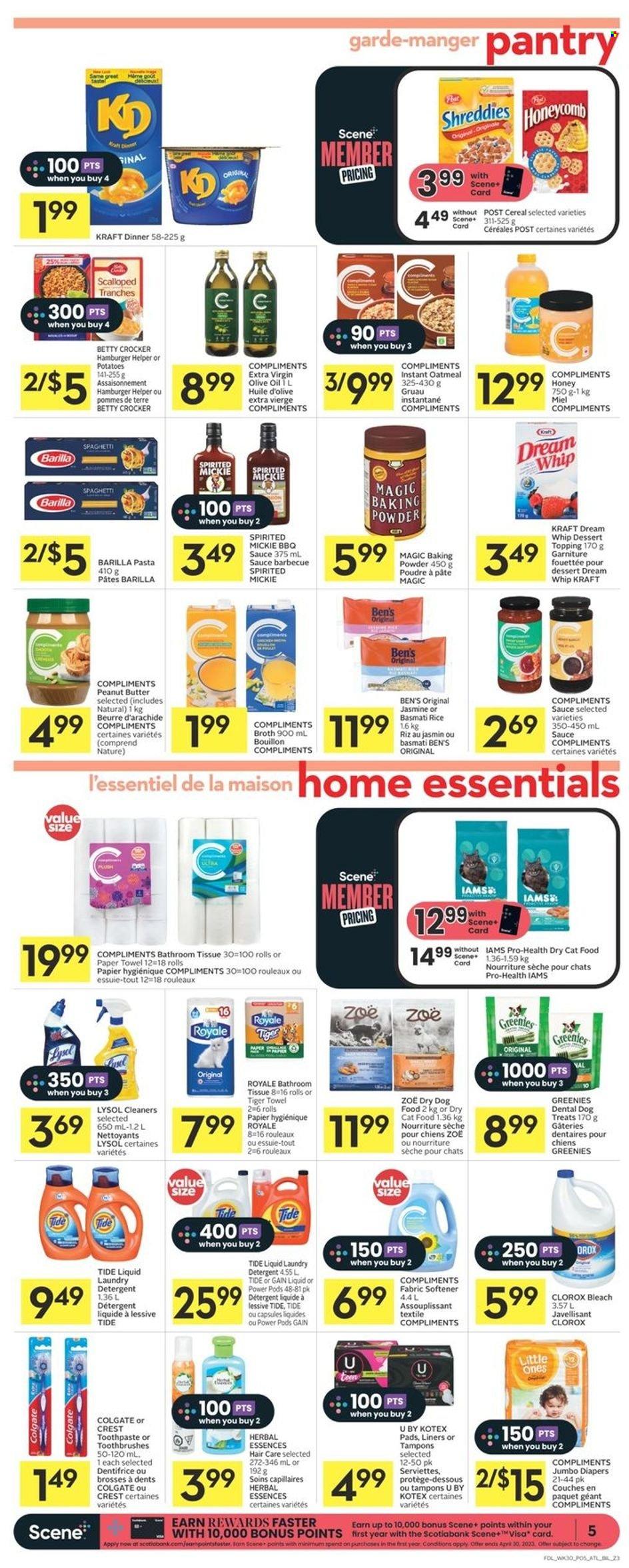 thumbnail - Co-op Flyer - November 24, 2022 - November 30, 2022 - Sales products - potatoes, spaghetti, pasta, sauce, Kraft®, baking powder, bouillon, oatmeal, topping, broth, cereals, basmati rice, rice, spice, BBQ sauce, extra virgin olive oil, olive oil, oil, honey, peanut butter, nappies, bath tissue, paper towels, Gain, bleach, Lysol, Clorox, Tide, fabric softener, laundry detergent, toothpaste, Crest, Kotex, Kotex pads, tampons, Herbal Essences, Zoe, animal food, Greenies, dry dog food, cat food, dog food, dry cat food, Iams, detergent, Colgate, Barilla. Page 5.