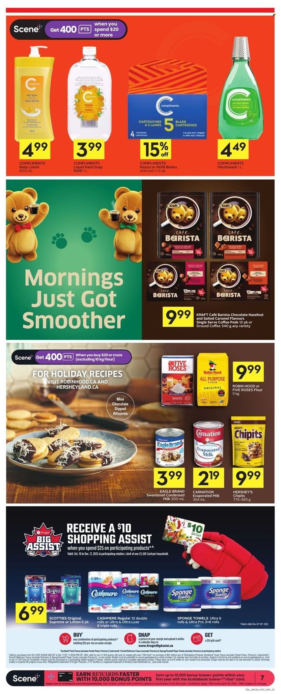 thumbnail - Foodland Flyer - November 24, 2022 - November 30, 2022 - Sales products - Kraft®, evaporated milk, Hershey's, chocolate, all purpose flour, flour, coffee pods, ground coffee, wine, bath tissue, kitchen towels, paper towels, hand soap, soap, mouthwash, body lotion. Page 8.