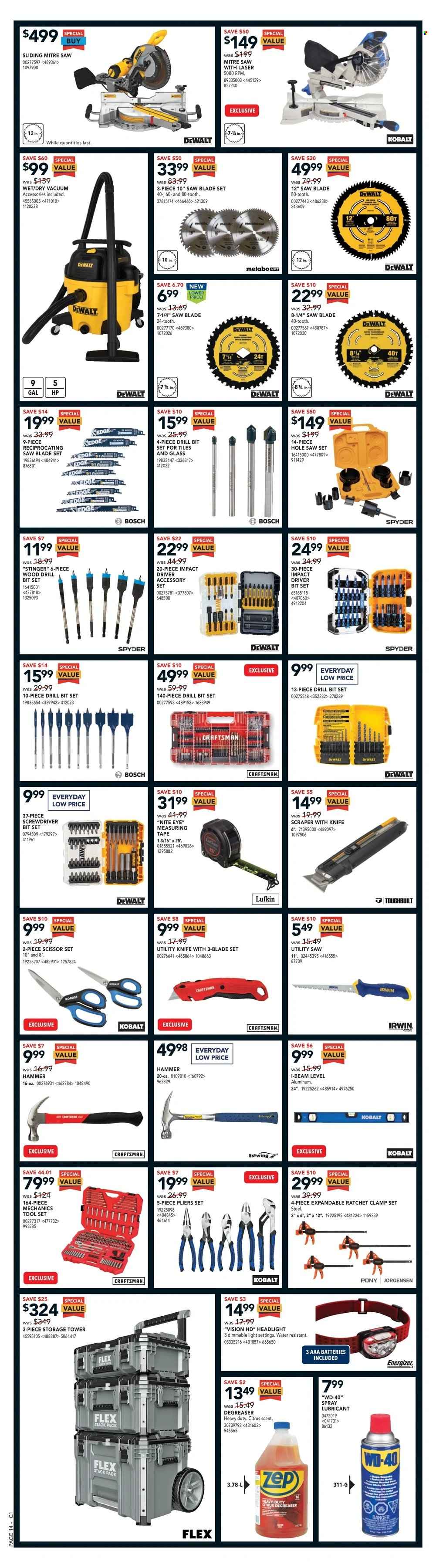 thumbnail - RONA Flyer - November 24, 2022 - November 30, 2022 - Sales products - scissors, AAA batteries, Bosch, vacuum cleaner, DeWALT, impact driver, hammer, drill bit set, Craftsman, reciprocating saw blade, screwdriver bits, pliers, tool set, measuring tape, lubricant, mechanic's tools, headlamp, clamp set, WD-40, utility knife, Energizer. Page 13.