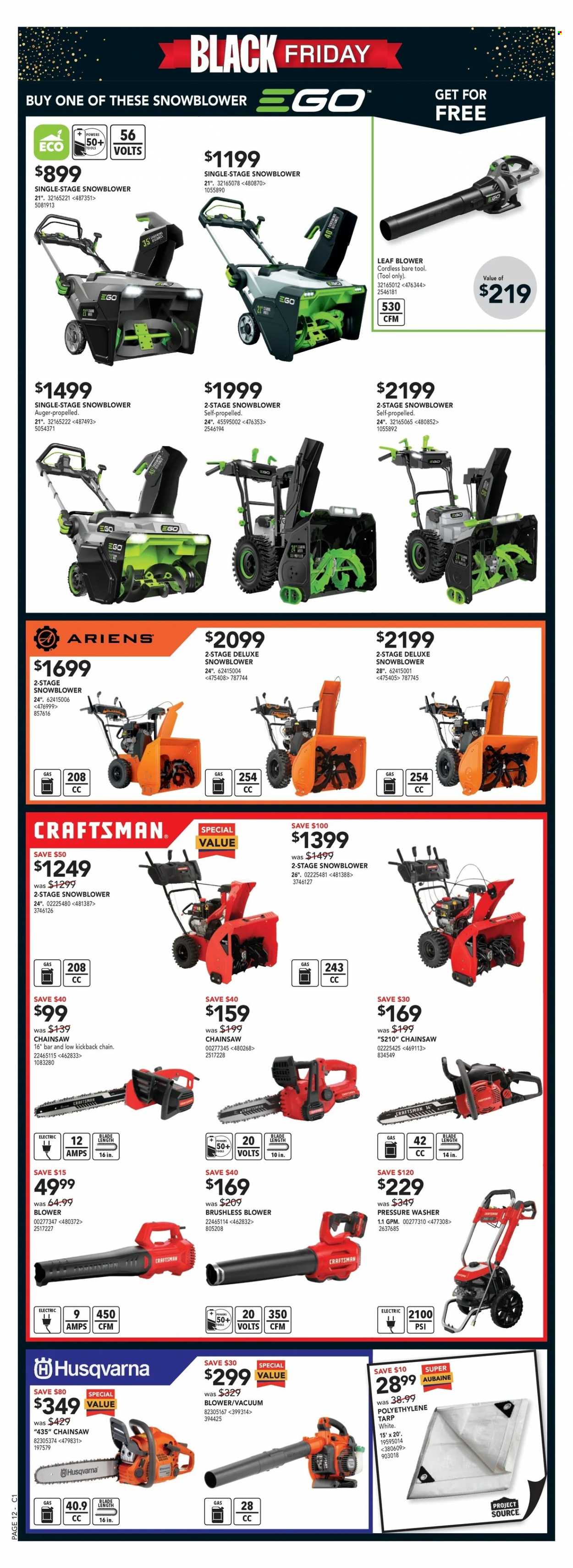 thumbnail - RONA Flyer - November 24, 2022 - November 30, 2022 - Sales products - Craftsman, chain saw, Husqvarna, Ego, leaf blower, snow blower, blower, pressure washer. Page 15.