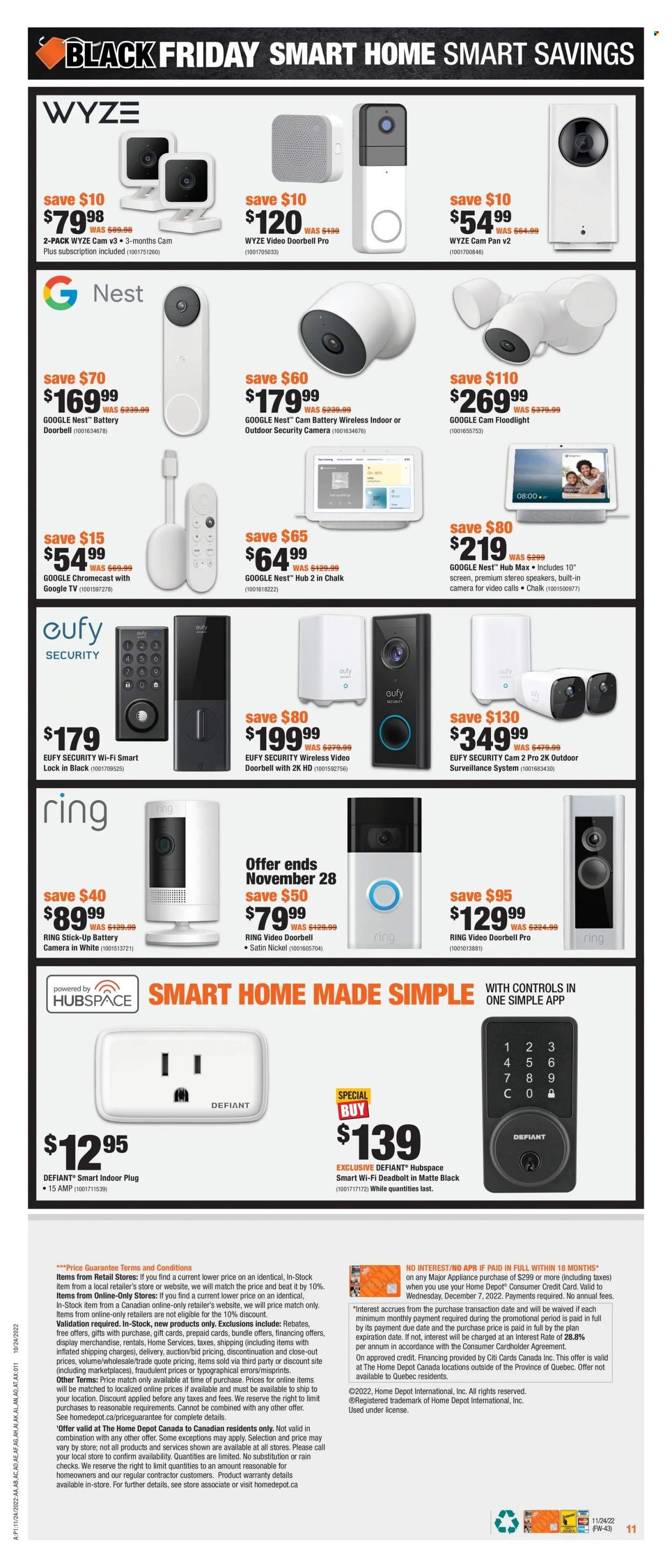thumbnail - The Home Depot Flyer - November 24, 2022 - November 30, 2022 - Sales products - pan, doorbell, security camera, video doorbell, speaker, Google Chromecast, floodlight. Page 6.