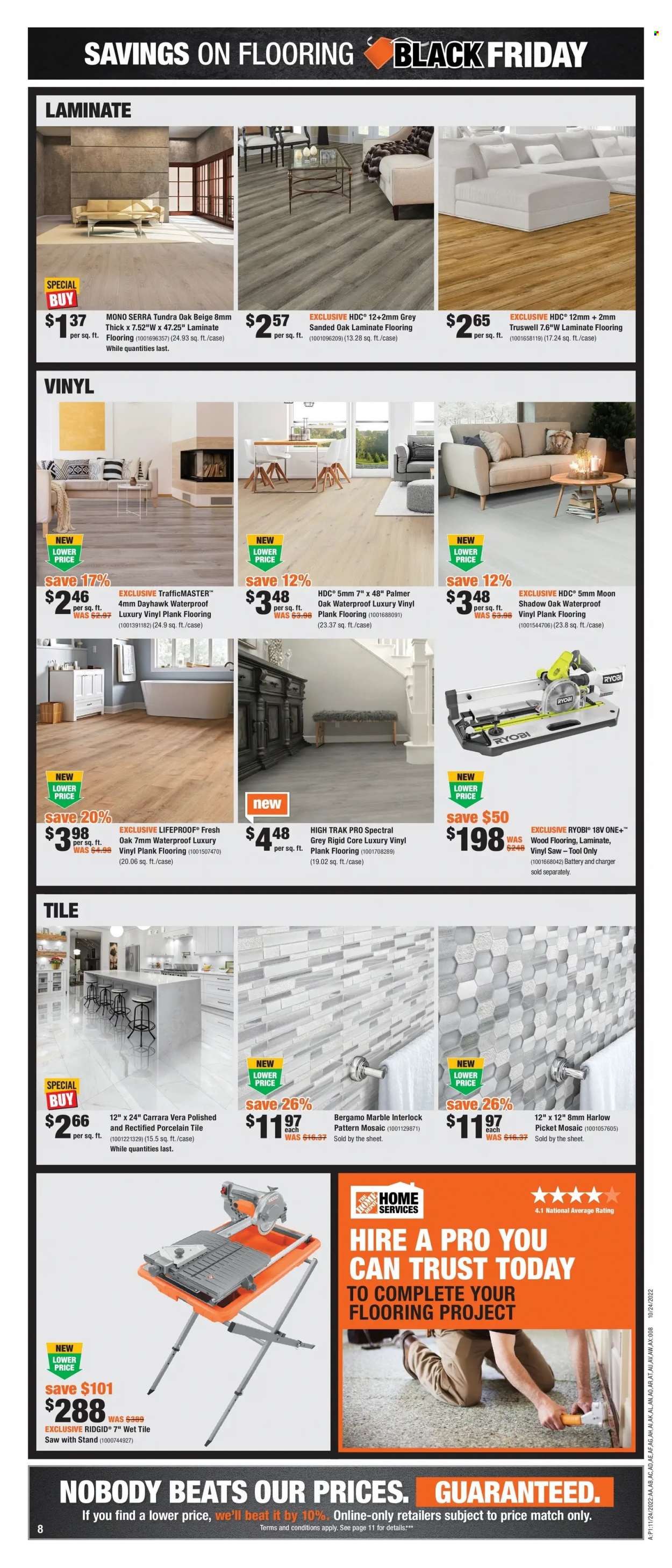thumbnail - The Home Depot Flyer - November 24, 2022 - November 30, 2022 - Sales products - flooring, laminate floor, vinyl, porcelain tile, Ridgid, Ryobi, saw. Page 8.