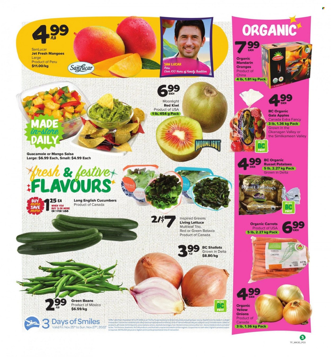 thumbnail - Thrifty Foods Flyer - November 24, 2022 - November 30, 2022 - Sales products - beans, carrots, cucumber, green beans, russet potatoes, shallots, potatoes, onion, lettuce, apples, Gala, mandarines, oranges, guacamole, salsa, Starbucks, McCafe, Jet, kiwi. Page 3.