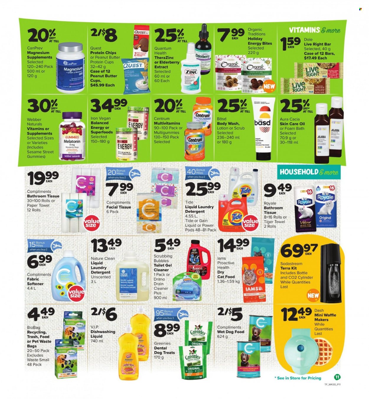 thumbnail - Thrifty Foods Flyer - November 24, 2022 - November 30, 2022 - Sales products - Dole, cherries, peanut butter cups, Sesame Street, chips, bath tissue, paper towels, Gain, Scrubbing Bubbles, cleaner, Tide, fabric softener, laundry detergent, dishwashing liquid, body wash, bath foam, body lotion, bag, trash bags, animal food, Greenies, cat food, dog food, wet dog food, dry cat food, Iams, magnesium, multivitamin, Centrum, detergent. Page 12.