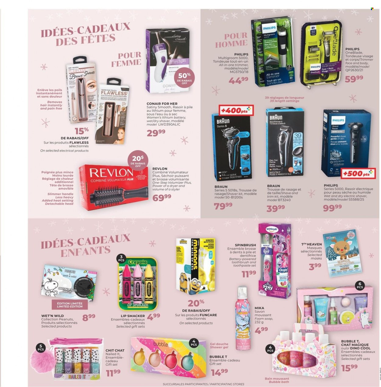 thumbnail - Familiprix Flyer - November 24, 2022 - November 30, 2022 - Sales products - Philips, gift set, peanuts, bubble bath, shower gel, Minions, soap, toothbrush, toothpaste, face mask, Revlon, shaver, trimmer, Braun. Page 7.
