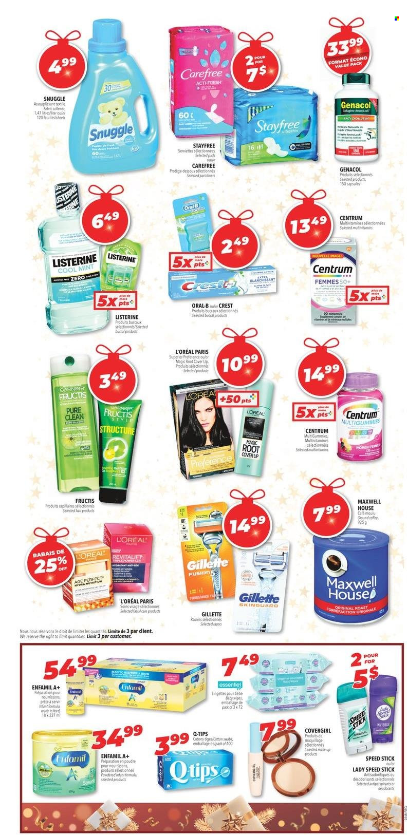 thumbnail - Familiprix Flyer - November 24, 2022 - November 30, 2022 - Sales products - Maxwell House, coffee, ground coffee, wipes, baby wipes, Snuggle, fabric softener, Crest, Stayfree, pantiliners, Carefree, Gillette, L’Oréal, Fructis, Speed Stick, makeup, multivitamin, Centrum, Garnier, Listerine, Oral-B, deodorant. Page 10.