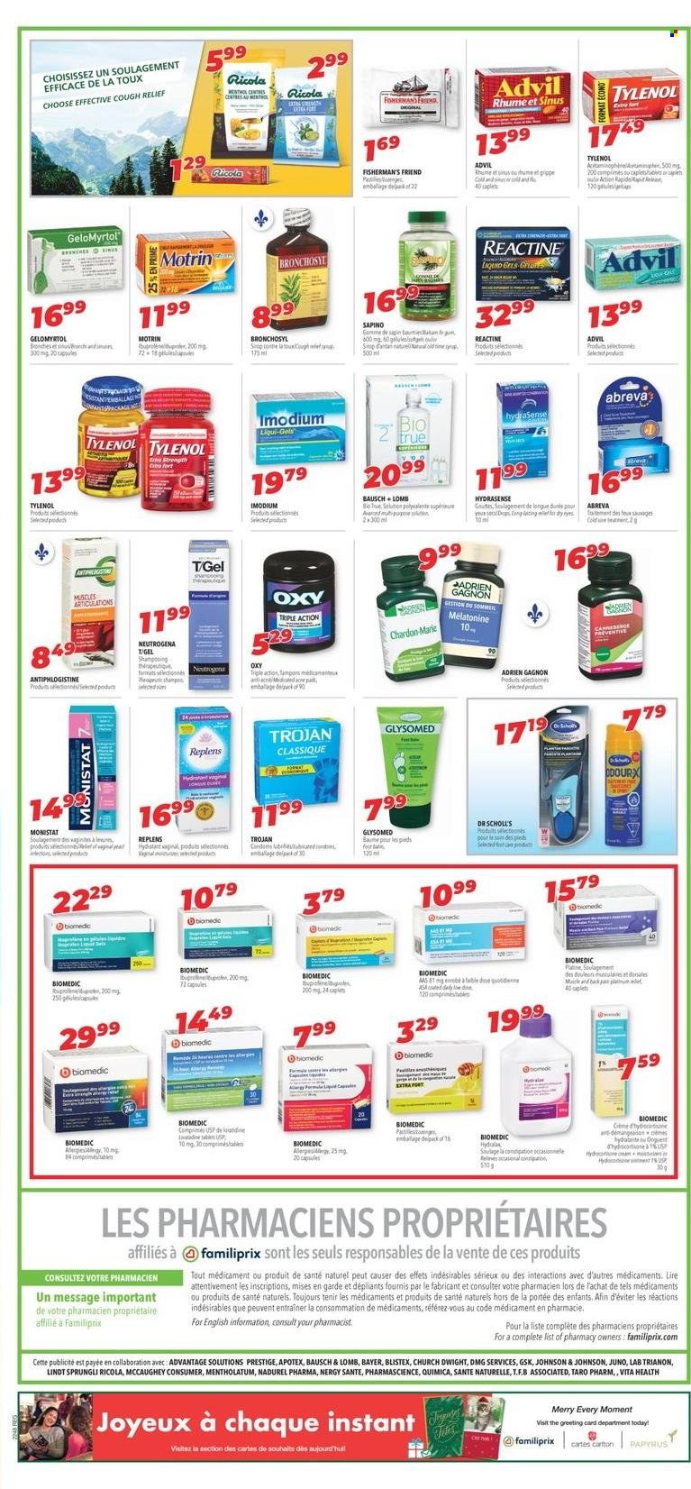 thumbnail - Familiprix Flyer - November 24, 2022 - November 30, 2022 - Sales products - Ricola, macaroons, Johnson's, tampons, Abreva, Tylenol, Biotrue, Advil Rapid, Low Dose, Bayer, Motrin, Dr. Scholl's, beer, Lager, Neutrogena, Imodium, Lindt. Page 11.