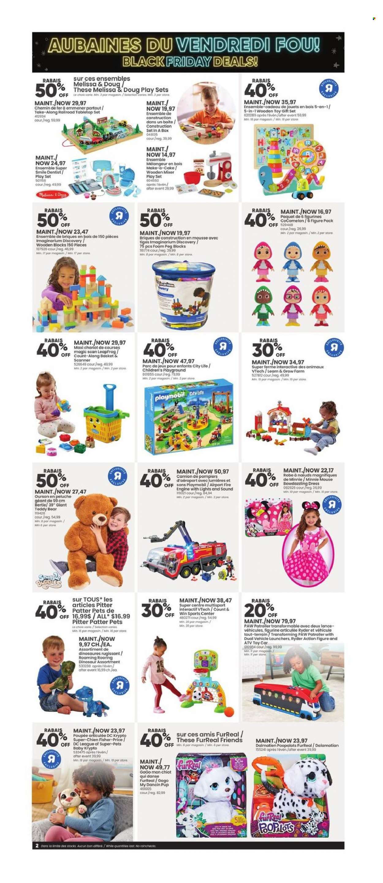 thumbnail - Toys''R''Us Flyer - November 24, 2022 - November 30, 2022 - Sales products - Minnie Mouse, FurReal, LeapFrog, Vtech, play set, toys, vehicle, Fisher-Price, dinosaur, wooden toy, teddy, costume, gift set, Playmobil. Page 2.