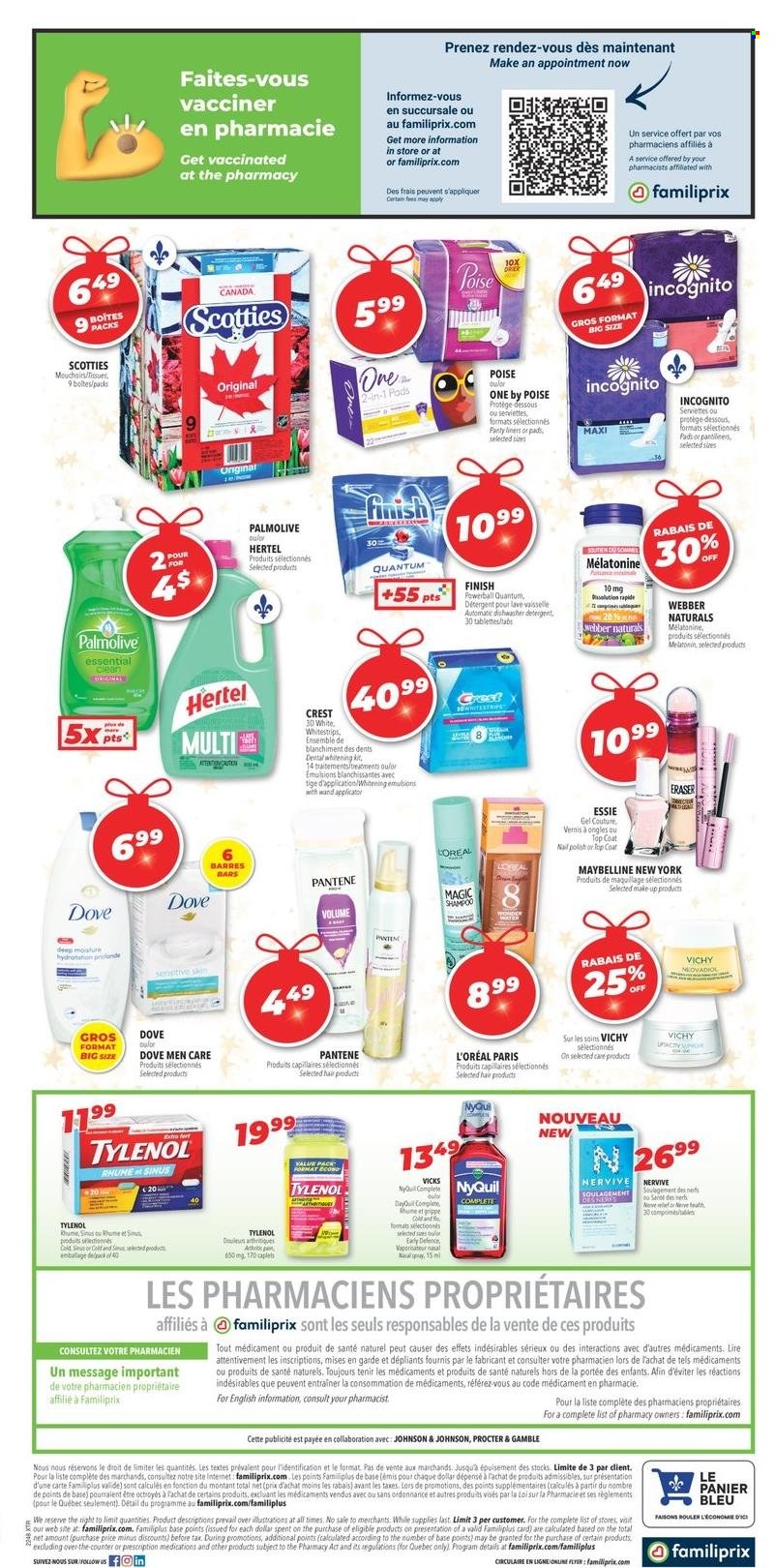 thumbnail - Familiprix Extra Flyer - November 24, 2022 - November 30, 2022 - Sales products - Dove, Johnson's, tissues, Finish Powerball, Vichy, Palmolive, Crest, L’Oréal, Vicks, top coat, polish, makeup, Maybelline, DayQuil, Melatonin, Tylenol, NyQuil, detergent, shampoo, Pantene. Page 2.
