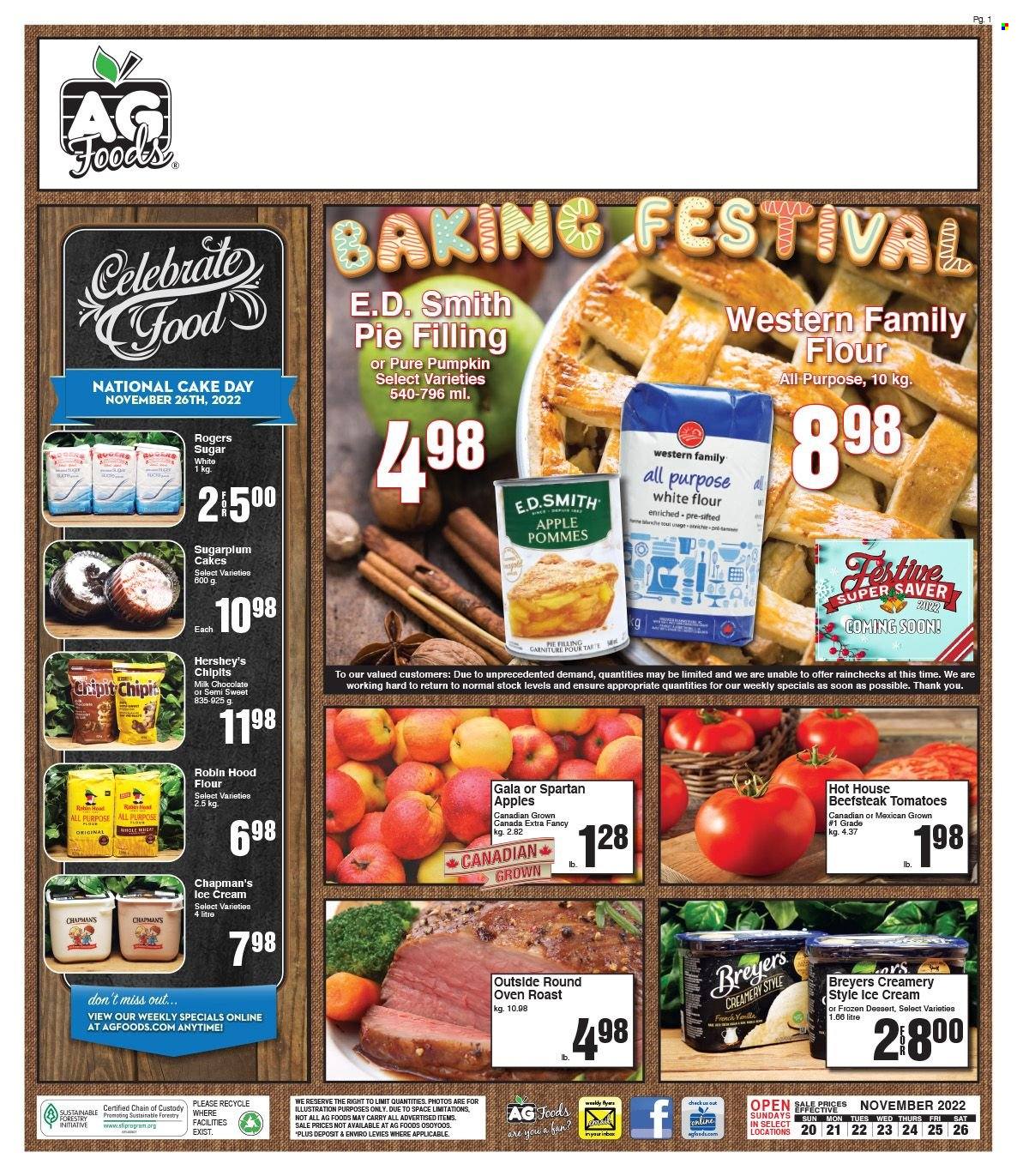thumbnail - AG Foods Flyer - November 20, 2022 - November 26, 2022 - Sales products - cake, tomatoes, pumpkin, apples, Gala, ice cream, Hershey's, milk chocolate, flour, sugar, pie filling. Page 1.