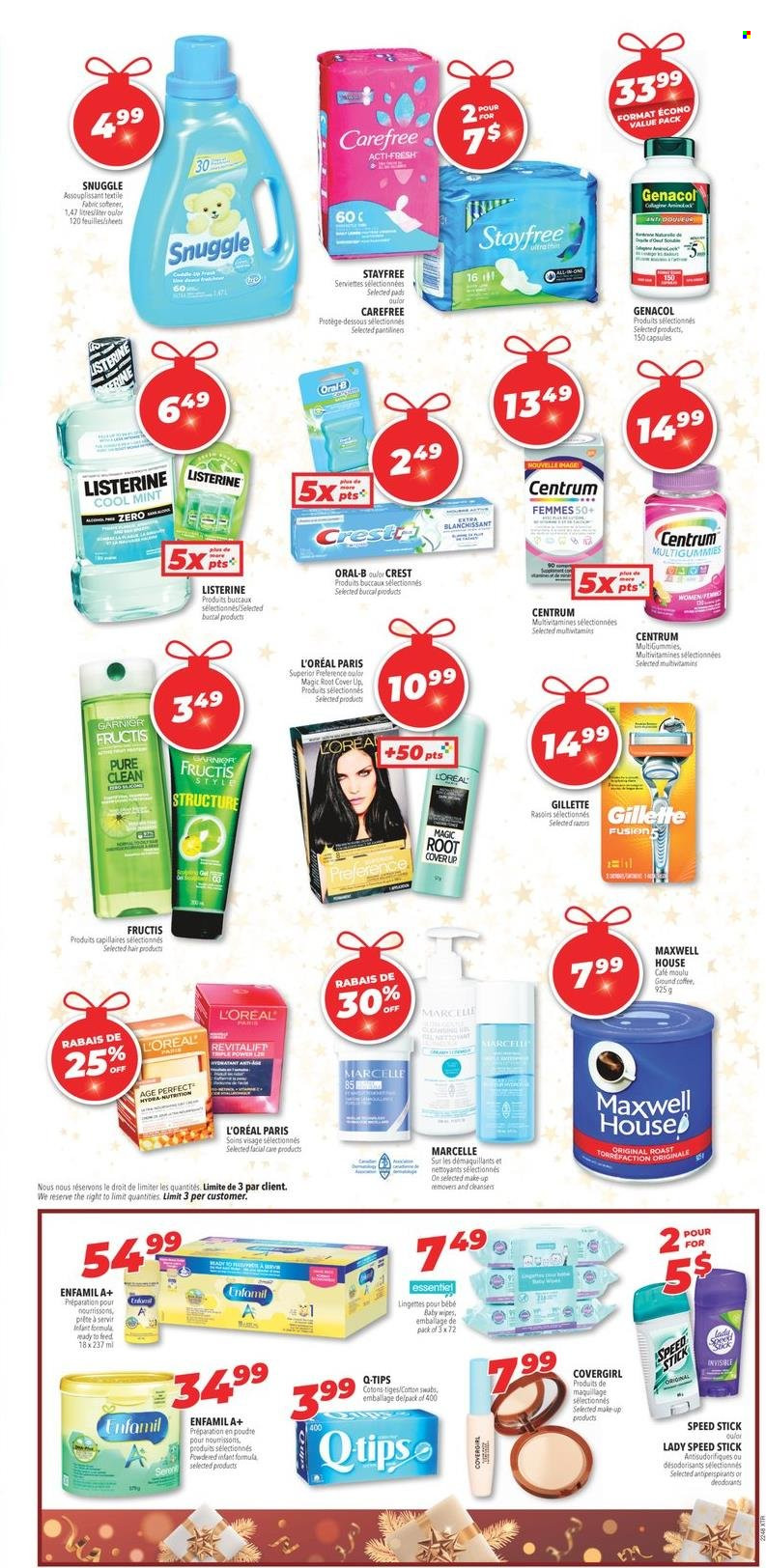 thumbnail - Familiprix Extra Flyer - November 24, 2022 - November 30, 2022 - Sales products - Maxwell House, coffee, wipes, baby wipes, Snuggle, fabric softener, Crest, Stayfree, pantiliners, Carefree, Gillette, L’Oréal, Fructis, Speed Stick, makeup, multivitamin, Centrum, Garnier, Listerine, Oreo, Oral-B, deodorant. Page 22.