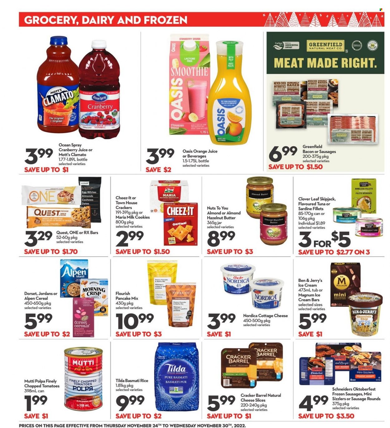 thumbnail - Longo's Flyer - November 24, 2022 - November 30, 2022 - Sales products - Ace, tomatoes, cherries, Mott's, tuna, pancakes, bacon, sausage, cottage cheese, sliced cheese, cheese, Clover, milk, eggs, almond butter, Magnum, ice cream bars, Ben & Jerry's, cookies, crackers, biscuit, Cheez-It, light tuna, chopped tomatoes, cereals, protein bar, muesli, basmati rice, rice, almonds, cashews, cranberry juice, orange juice, juice, Clamato, smoothie, vitamin c. Page 12.