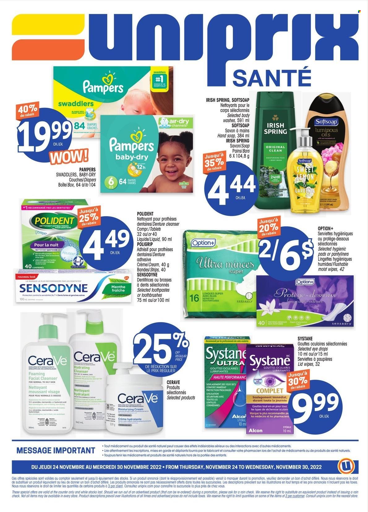 thumbnail - Uniprix Santé Flyer - November 24, 2022 - November 30, 2022 - Sales products - wipes, nappies, Softsoap, hand soap, soap, Polident, pantyliners, CeraVe, cleanser, Niacinamide, eye drops, Systane, Pampers, Sensodyne. Page 4.