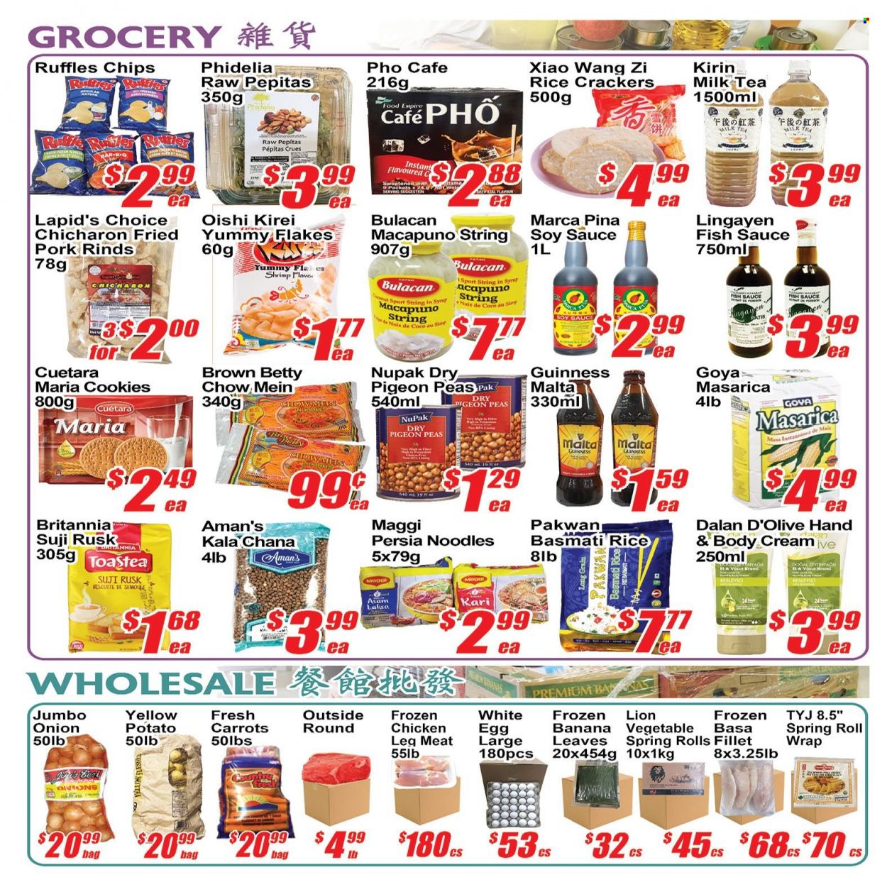 thumbnail - Jian Hing Supermarket Flyer - November 25, 2022 - December 01, 2022 - Sales products - pie, rusks, carrots, peas, onion, fish, shrimps, sauce, spring rolls, noodles, milk, eggs, cookies, crackers, rice crackers, Ruffles, Maggi, Goya, basmati rice, toor dal, fish sauce, soy sauce, tea, Guinness, chicken legs. Page 2.