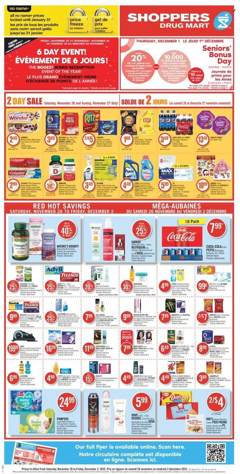thumbnail - Shoppers Drug Mart Flyer - November 26, 2022 - December 02, 2022 - Sales products - Philips, No Name, advent calendar, Hershey's, cookies, Dove, snack, crackers, Kellogg's, RITZ, Doritos, potato chips, Cheetos, chips, Lay’s, granola bar, Coca-Cola, Pepsi, energy drink, Monster, Red Bull, Maxwell House, tea, coffee, Folgers, pants, nappies, baby pants, kitchen towels, paper towels, cleaner, Lysol, Purex, body wash, Vichy, Vaseline, mouthwash, L’Oréal, anti-perspirant, manicure, Maybelline, cup, Optimum, Melatonin, Nature's Bounty, Tylenol, Omega-3, Advil Rapid, Centrum, Benylin, calcium, detergent, Colgate, Garnier, Listerine, Nestlé, Neutrogena, Sally Hansen, Pampers, Nescafé, deodorant. Page 1.