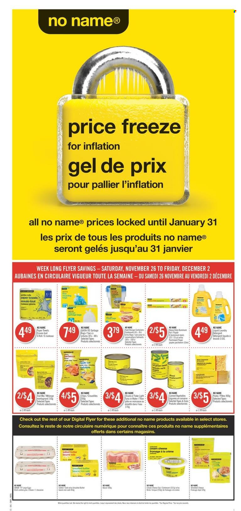 thumbnail - Shoppers Drug Mart Flyer - November 26, 2022 - December 02, 2022 - Sales products - tuna, No Name, pasta, bacon, cream cheese, shredded cheese, salted butter, chips, tuna in water, canned vegetables, mushrooms, trail mix, kitchen towels, paper towels, laundry detergent, bag, storage box, detergent. Page 5.