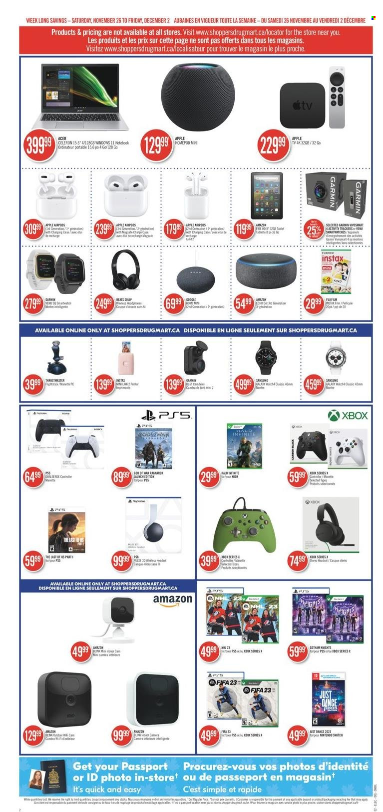 thumbnail - Shoppers Drug Mart Flyer - November 26, 2022 - December 02, 2022 - Sales products - Sony, Nintendo Switch, Acer, tablet, Amazon Fire, Apple, Samsung Galaxy, Samsung, Garmin, Xbox Series X, dashboard camera, Amazon Echo, Beats, headset, wireless headphones, headphones, Airpods, camera, Xbox. Page 9.