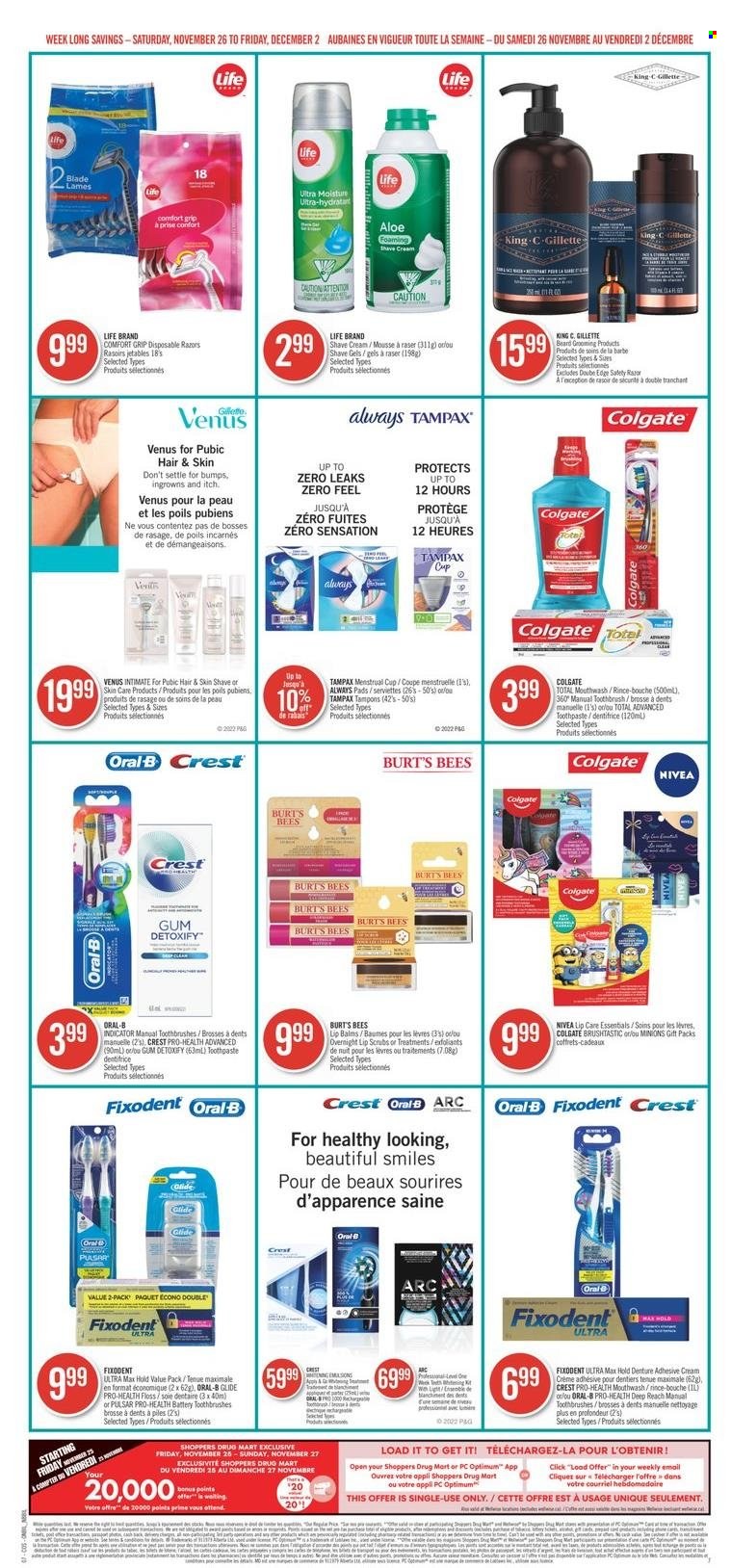 thumbnail - Shoppers Drug Mart Flyer - November 26, 2022 - December 02, 2022 - Sales products - Nivea, Minions, toothbrush, toothpaste, mouthwash, Fixodent, Crest, Always pads, tampons, Gillette, razor, Venus, shave cream, disposable razor, pot, cup, battery, Optimum, Colgate, Tampax, Oral-B. Page 12.