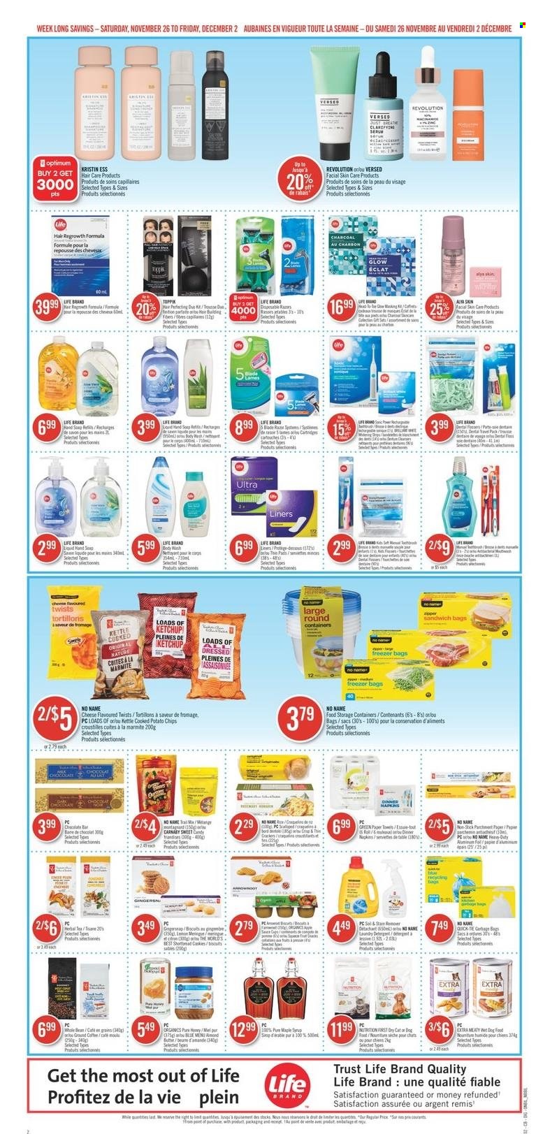 thumbnail - Shoppers Drug Mart Flyer - November 26, 2022 - December 02, 2022 - Sales products - Trust, cake, No Name, sauce, cheese, butter, chocolate, crackers, potato chips, chips, rice, honey, tea, herbal tea, coffee, ground coffee, napkins, kitchen towels, paper towels, stain remover, laundry detergent, body wash, hand soap, soap, serum, Toppik, Eclat, bag, freezer bag, storage box, animal food, dog food, wet dog food, Optimum, detergent, ketchup. Page 21.