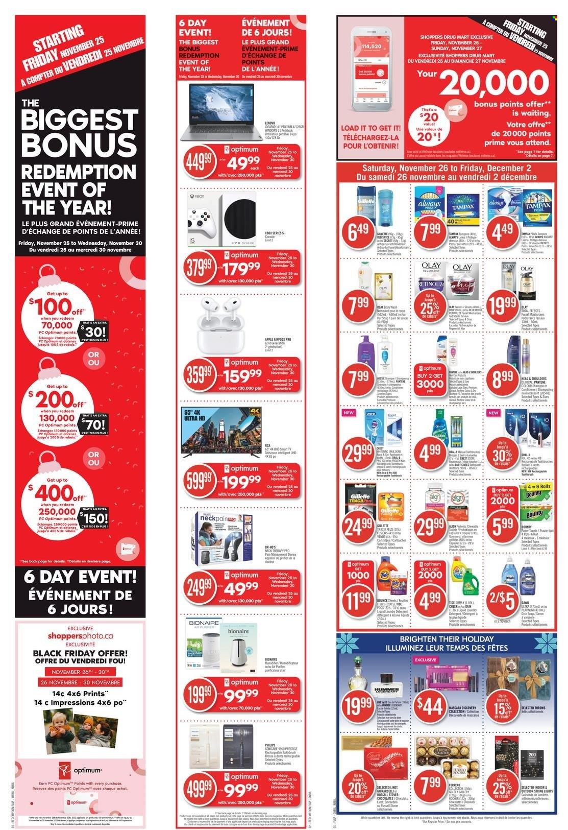 thumbnail - Shoppers Drug Mart Flyer - November 26, 2022 - December 02, 2022 - Sales products - Philips, chocolate, Bounty, spice, kitchen towels, paper towels, Gain, laundry detergent, Bounce, soap bar, soap, toothbrush, tampons, Gillette, moisturizer, Olay, conditioner, mascara, Optimum, Sonicare, detergent, Lenovo, shampoo, Tampax, Lindt, Ferrero Rocher, Xbox. Page 24.