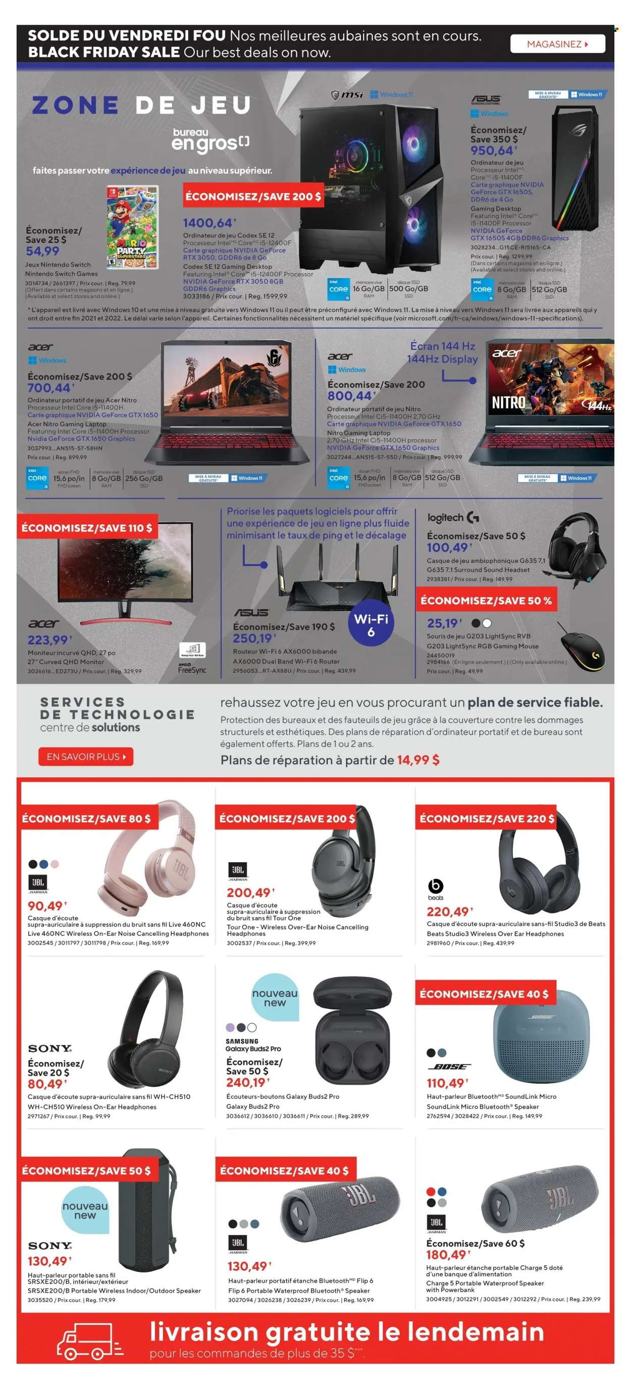 thumbnail - Bureau en Gros Flyer - November 24, 2022 - November 29, 2022 - Sales products - gaming mouse, Sony, Nintendo Switch, Intel, Acer, Samsung Galaxy, Samsung, power bank, laptop, gaming laptop, MSI, Logitech, mouse, router, BOSE, speaker, bluetooth speaker, Beats, headset, headphones, Asus, monitor, JBL. Page 5.