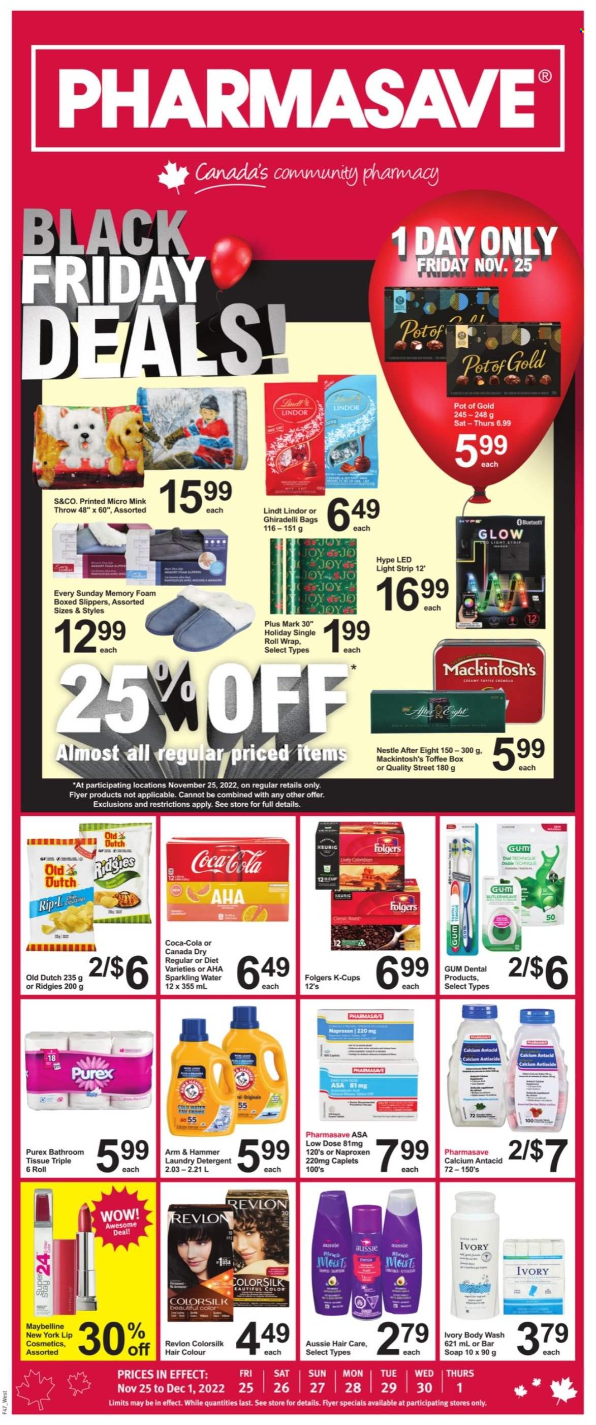 thumbnail - Pharmasave Flyer - November 25, 2022 - December 01, 2022 - Sales products - toffee, After Eight, ARM & HAMMER, Canada Dry, Coca-Cola, sparkling water, Folgers, coffee capsules, K-Cups, bath tissue, laundry detergent, Purex, Joy, body wash, soap bar, soap, Aussie, Revlon, Maybelline, pot, slippers, Antacid, Low Dose, calcium, detergent, Nestlé, Lindt, Lindor. Page 1.