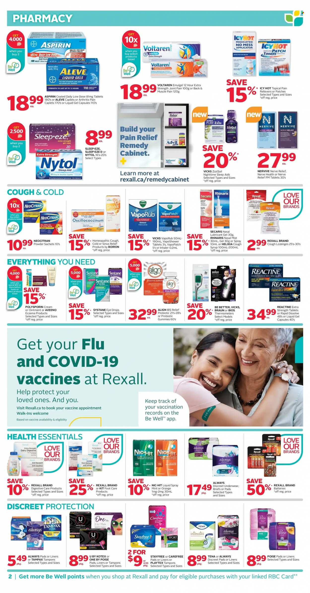 thumbnail - Rexall Flyer - November 25, 2022 - December 01, 2022 - Sales products - pastilles, corn, syrup, Aveeno, ointment, Stayfree, Playtex, Always pads, sanitary pads, Always Discreet, Carefree, Kotex, tampons, lubricant, Vicks, foot care, pan, battery, pendant, pain relief, Aleve, ZzzQuil, Advil Rapid, VapoRub, Low Dose, aspirin, Oscillococcinum, Boiron, Bayer, Braun, Systane, Tampax. Page 2.