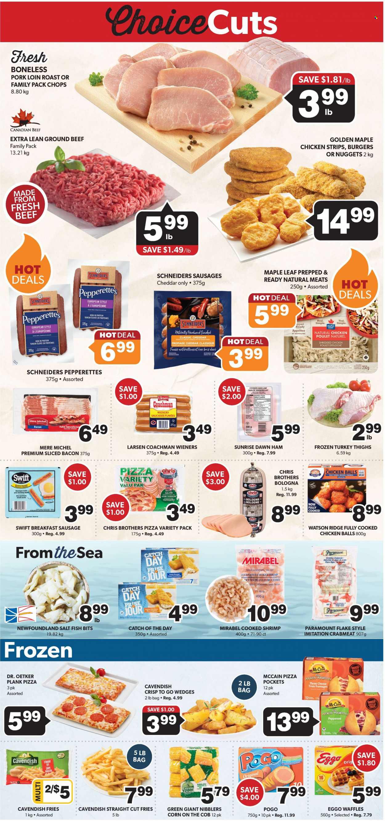 thumbnail - Colemans Flyer - November 24, 2022 - November 30, 2022 - Sales products - waffles, corn, crab meat, fish, shrimps, pizza, nuggets, hamburger, bacon, cooked ham, salami, ham, bologna sausage, sausage, pepperoni, cheddar, Dr. Oetker, strips, chicken strips, McCain, potato fries, BROTHERS, whole turkey, turkey, turkey thigh, beef meat, ground beef, pork loin, pork meat, pants. Page 3.