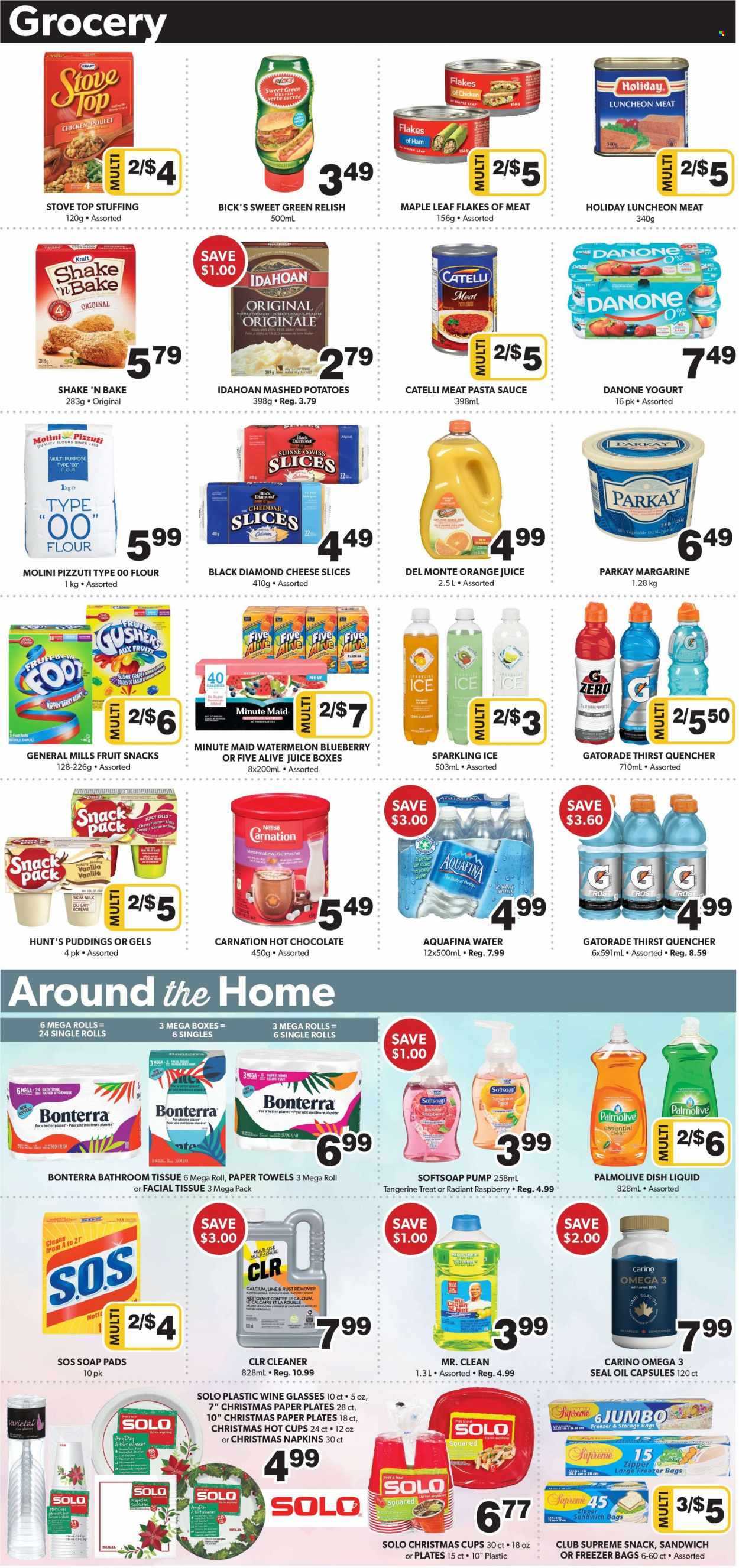 thumbnail - Colemans Flyer - November 24, 2022 - November 30, 2022 - Sales products - mango, watermelon, cherries, mashed potatoes, pasta sauce, sauce, Kraft®, ham, lunch meat, sliced cheese, cheddar, cheese, pudding, yoghurt, milk, shake, margarine, marshmallows, fruit snack, flour, stuffing mix, sweetener, Del Monte, vegetable oil, oil, orange juice, Gatorade, fruit punch, Aquafina, hot chocolate, Purity, napkins, bath tissue, kitchen towels, paper towels, cleaner, dishwashing liquid, Softsoap, Palmolive, soap, facial tissues, Omega-3, calcium, Nestlé, Danone. Page 4.