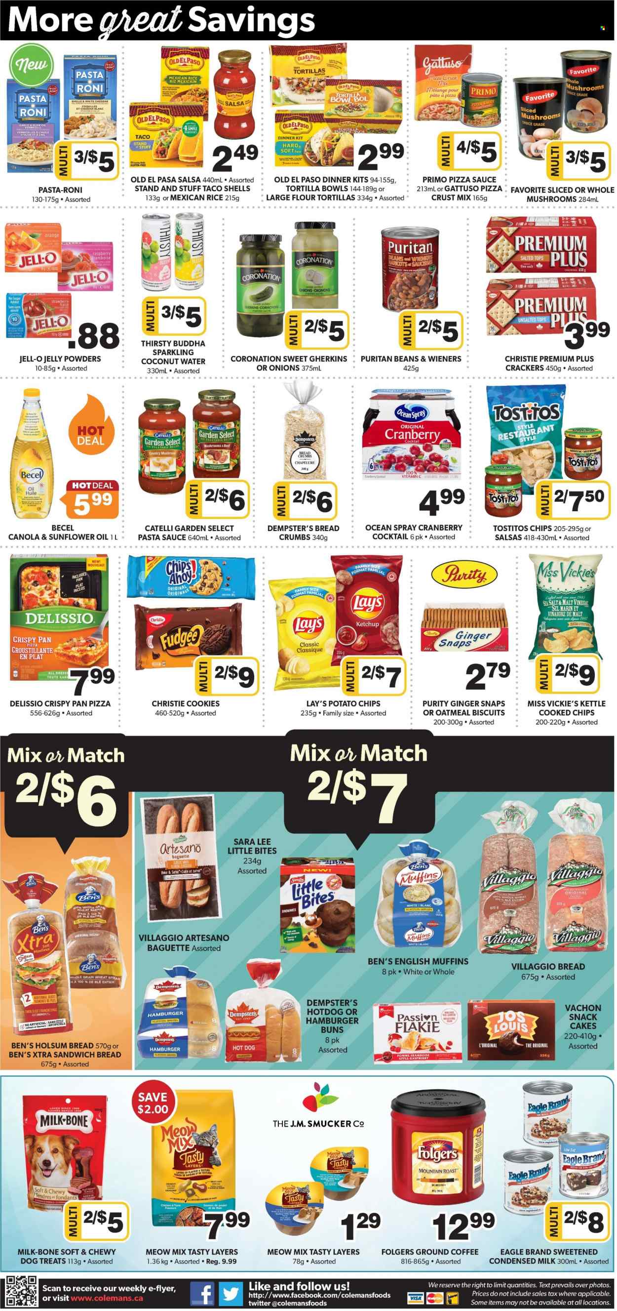 thumbnail - Colemans Flyer - November 24, 2022 - November 30, 2022 - Sales products - baguette, english muffins, tortillas, hot dog rolls, Old El Paso, burger buns, tacos, Sara Lee, flour tortillas, breadcrumbs, onion, snack, cod, pasta sauce, sauce, dinner kit, pasta sides, frankfurters, pâté, condensed milk, margarine, cookies, jelly, crackers, biscuit, Little Bites, snack cake, potato chips, Lay’s, Tostitos, salty snack, oatmeal, Jell-O, malt, pickled gherkins, pizza sauce, ketchup, salsa, sunflower oil, oil, fruit drink, coconut water, coffee, Folgers, ground coffee, Purity, XTRA, vitamin c. Page 6.