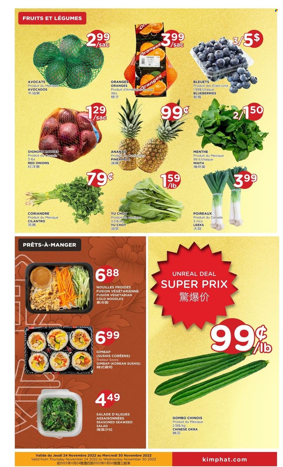 thumbnail - Kim Phat Flyer - November 24, 2022 - November 30, 2022 - Sales products - red onions, okra, onion, salad, avocado, blueberries, pineapple, oranges, noodles, cilantro. Page 3.