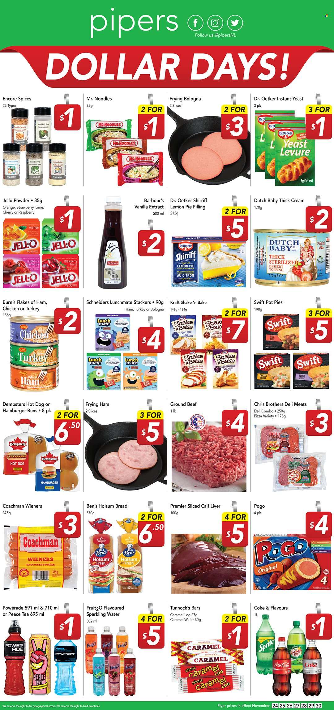 thumbnail - Pipers Flyer - November 24, 2022 - November 30, 2022 - Sales products - bread, buns, burger buns, pot pie, cherries, hot dog, pizza, noodles, Kraft®, ham, bologna sausage, Dr. Oetker, shake, yeast, wafers, pie filling, topping, Jell-O, vanilla extract, caramel, Coca-Cola, Sprite, Powerade, sparkling water, tea, BROTHERS, beef meat, ground beef. Page 2.