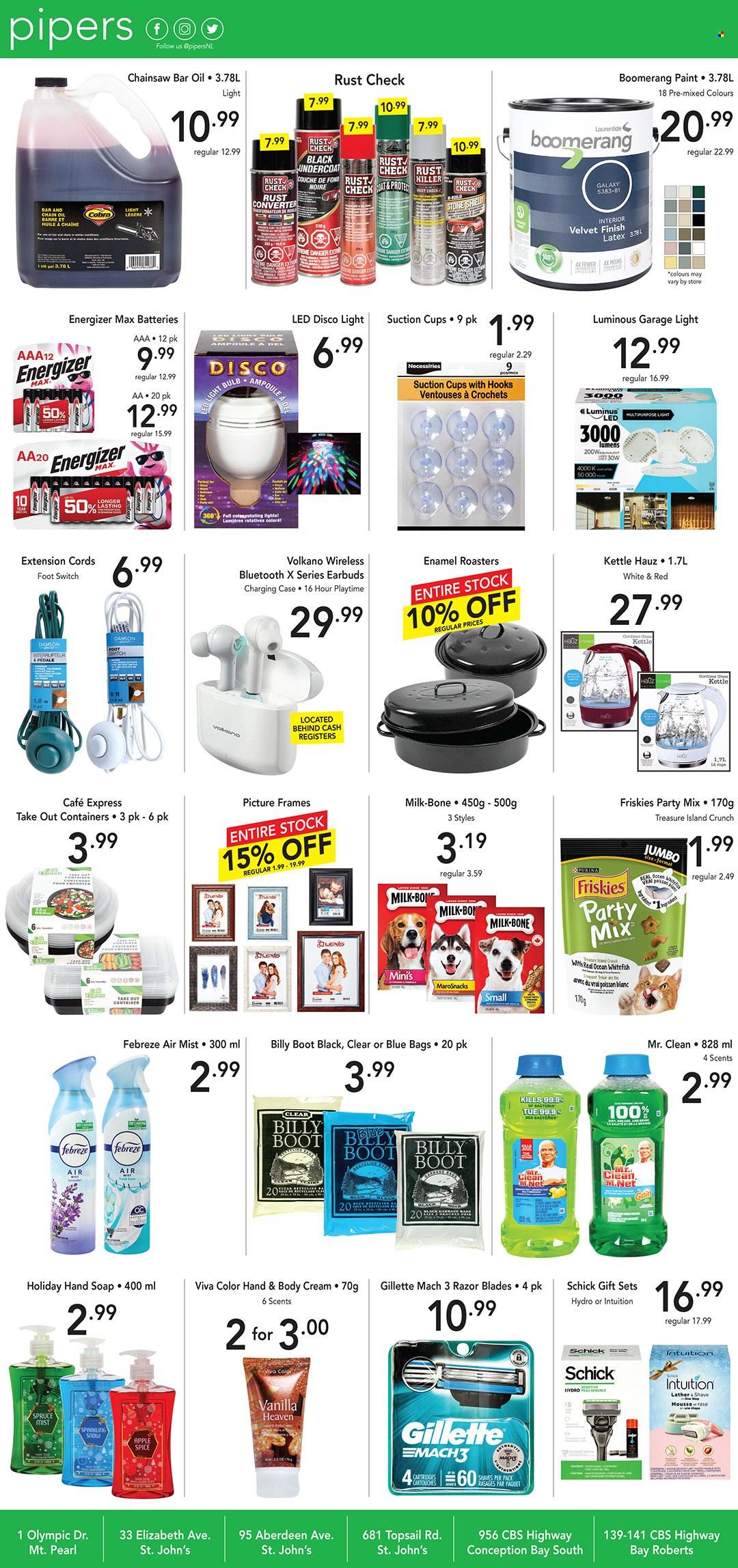 thumbnail - Pipers Flyer - November 24, 2022 - November 30, 2022 - Sales products - whitefish, milk, spice, oil, switch, Febreze, hand soap, soap, Gillette, razor, Schick, bag, cup, container, battery, bulb, LED bulb, light bulb, Purina, Friskies, picture frame, paint, Energizer. Page 6.