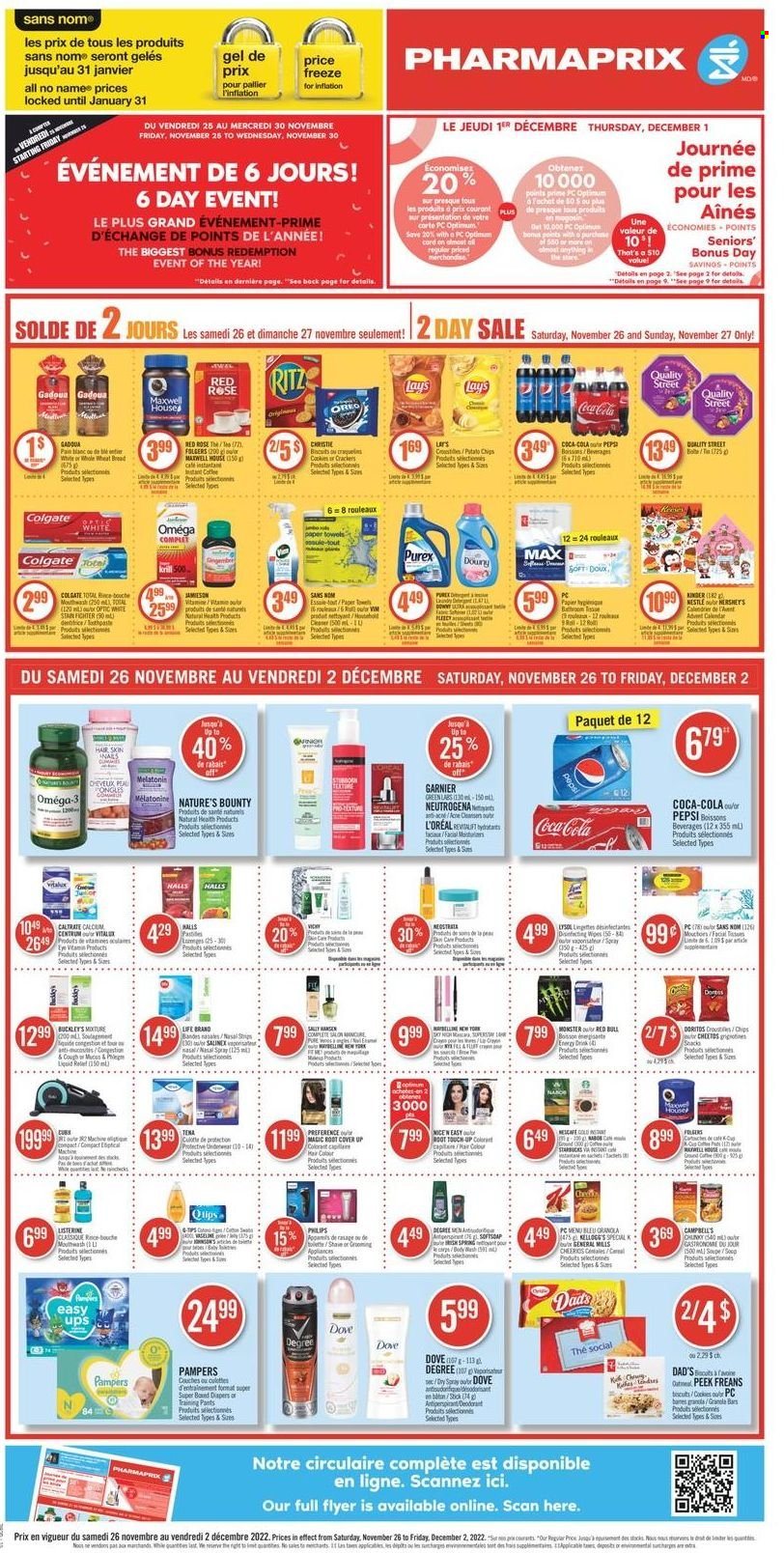thumbnail - Pharmaprix Flyer - November 26, 2022 - December 02, 2022 - Sales products - Philips, Ace, No Name, soup, advent calendar, Reese's, Hershey's, Dove, Halls, crackers, Kellogg's, RITZ, Doritos, Cheetos, chips, Lay’s, Cheerios, granola bar, rice, Coca-Cola, Pepsi, energy drink, Monster, Red Bull, Maxwell House, Folgers, Starbucks, rosé wine, wipes, pants, nappies, baby pants, kitchen towels, paper towels, Lysol, Purex, body wash, mouthwash, L’Oréal, Root Touch-Up, hair color, anti-perspirant, Maybelline, lid, calendar, Optimum, Plus Plus, rose, Melatonin, Nature's Bounty, Omega-3, Centrum, calcium, Colgate, Garnier, Listerine, Nestlé, Neutrogena, Sally Hansen, Pampers, Oreo, Nescafé, deodorant. Page 1.