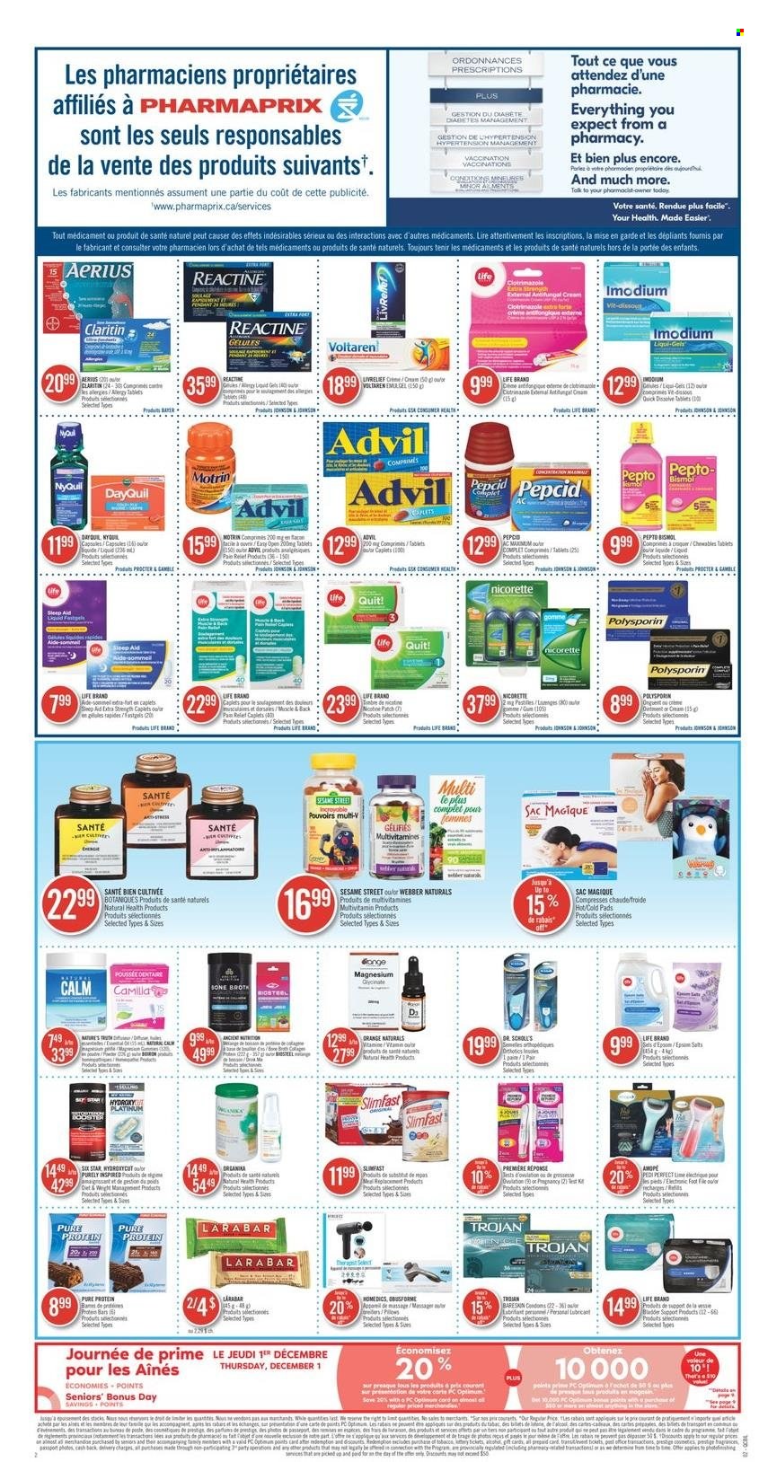 thumbnail - Pharmaprix Flyer - November 26, 2022 - December 02, 2022 - Sales products - oranges, Slimfast, Sesame Street, protein bar, Johnson's, lubricant, lid, Optimum, massager, pendant, pain relief, Cosamin, DayQuil, magnesium, multivitamin, Nature's Truth, Nicorette, Pepcid, NyQuil, Advil Rapid, Bayer, Motrin, Dr. Scholl's, Imodium. Page 2.
