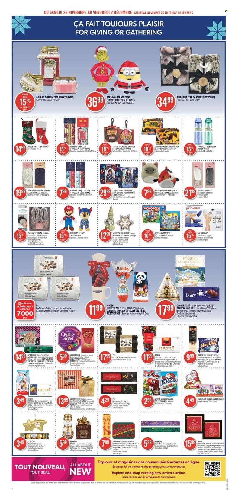 thumbnail - Pharmaprix Flyer - November 26, 2022 - December 02, 2022 - Sales products - gingerbread, advent calendar, chocolate, Kinder Surprise, Mars, KitKat, toffee, biscuit, Toblerone, After Eight, Cadbury, Merci, Dairy Milk, Baileys, mug, pot, calendar, candle, Optimum, stockings, tote, Monopoly, Squishmallows, Ferrero Rocher. Page 18.