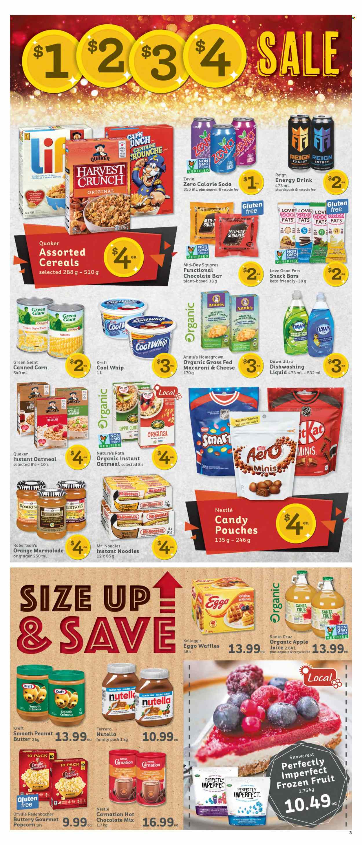 thumbnail - IGA Simple Goodness Flyer - November 25, 2022 - December 01, 2022 - Sales products - waffles, corn, ginger, blueberries, oranges, macaroni & cheese, instant noodles, Quaker, noodles, Annie's, Kraft®, mild cheddar, Cool Whip, milk chocolate, snack, Ego, snack bar, chocolate bar, popcorn, oatmeal, topping, cereals, cinnamon, energy drink, soda, hot chocolate, Dell, granola, Nestlé, Nutella, Ferrero Rocher. Page 3.