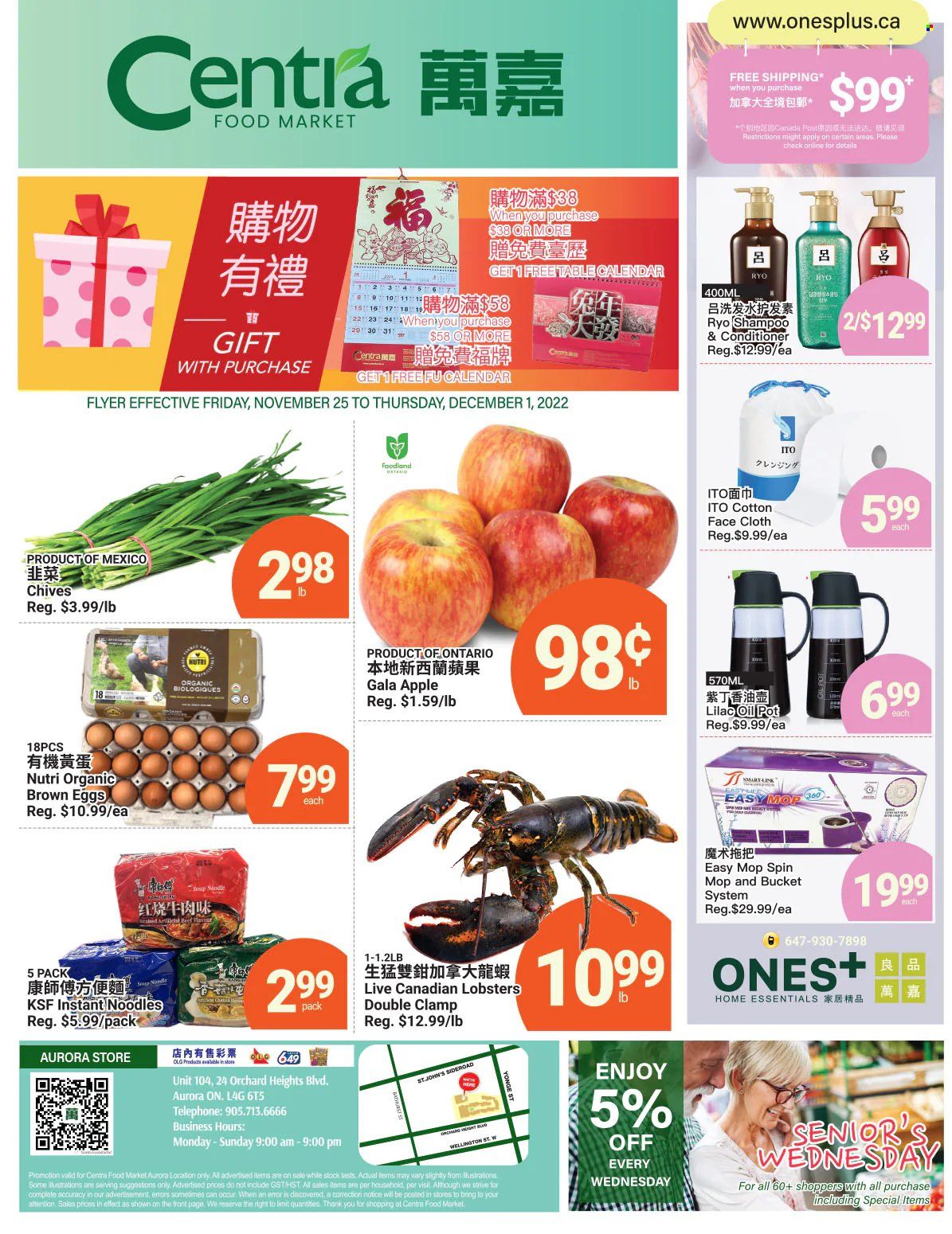 thumbnail - Centra Food Market Flyer - November 25, 2022 - December 01, 2022 - Sales products - chives, Gala, lobster, soup, instant noodles, noodles, eggs, oil, conditioner, spin mop, mop, pot, shampoo. Page 1.