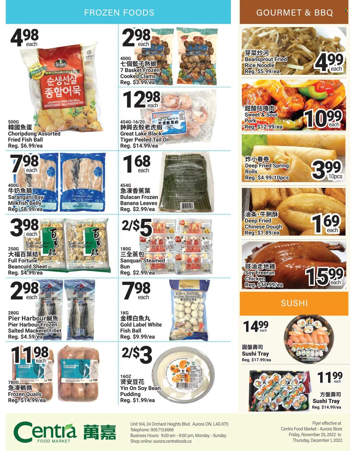 Centra Food Market Flyer - November 25, 2022 - December 01, 2022 - Sales products - clams, mackerel, whitefish, fried fish, milkfish, spring rolls, noodles, curd, pudding, basket, tray, pan. Page 3.