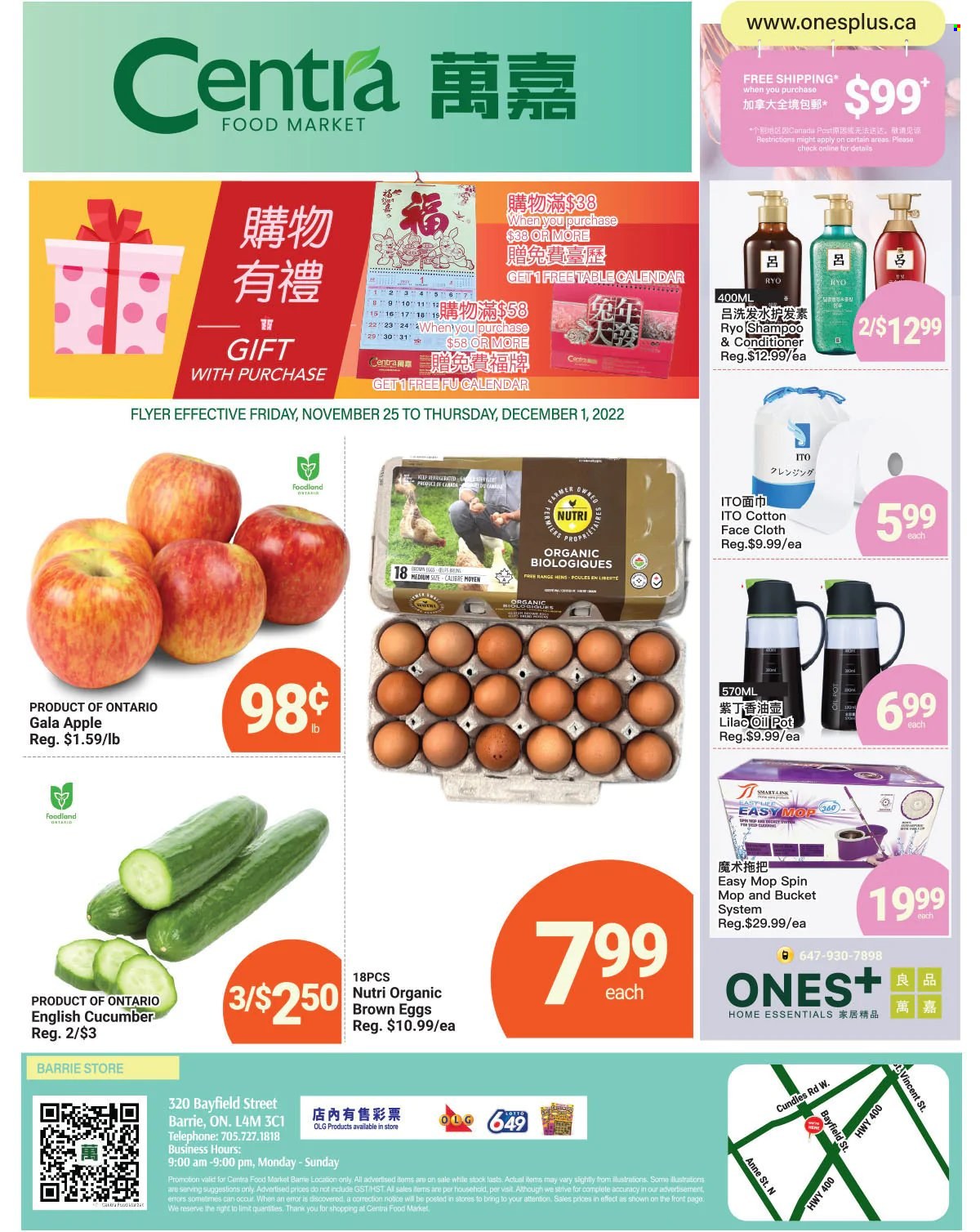 thumbnail - Centra Food Market Flyer - November 25, 2022 - December 01, 2022 - Sales products - Gala, eggs, oil, conditioner, spin mop, mop, pot, shampoo. Page 1.