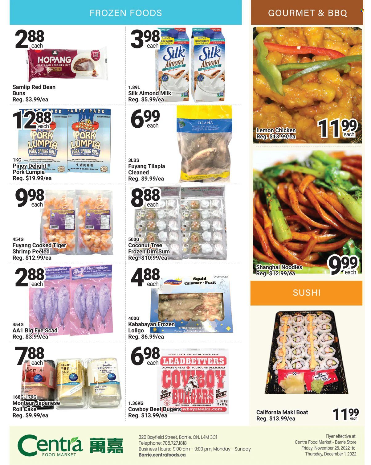 thumbnail - Centra Food Market Flyer - November 25, 2022 - December 01, 2022 - Sales products - cake, buns, coconut, squid, tilapia, shrimps, steamed bun, hamburger, noodles, almond milk, milk. Page 3.